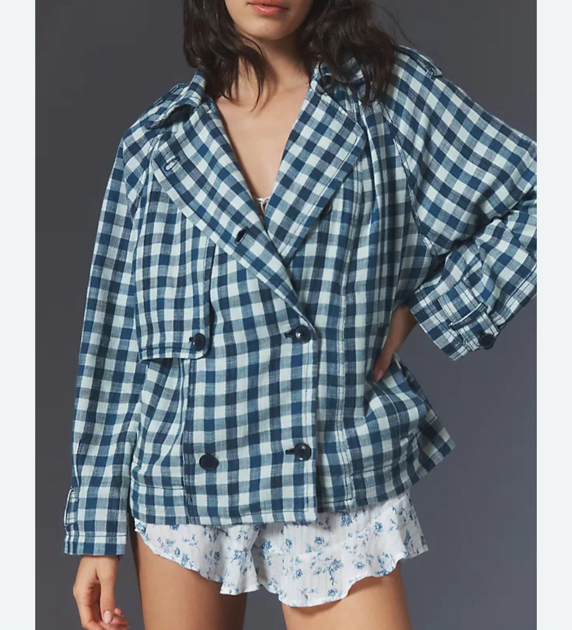 By Anthropologie Gingham Trench Coat XL Button Plaid Pocket Long Sleeve Jacket