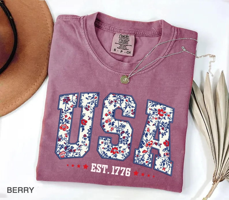 Comfort Colors Floral USA Shirt Women Girly American Flag 4th of July Flower Tee
