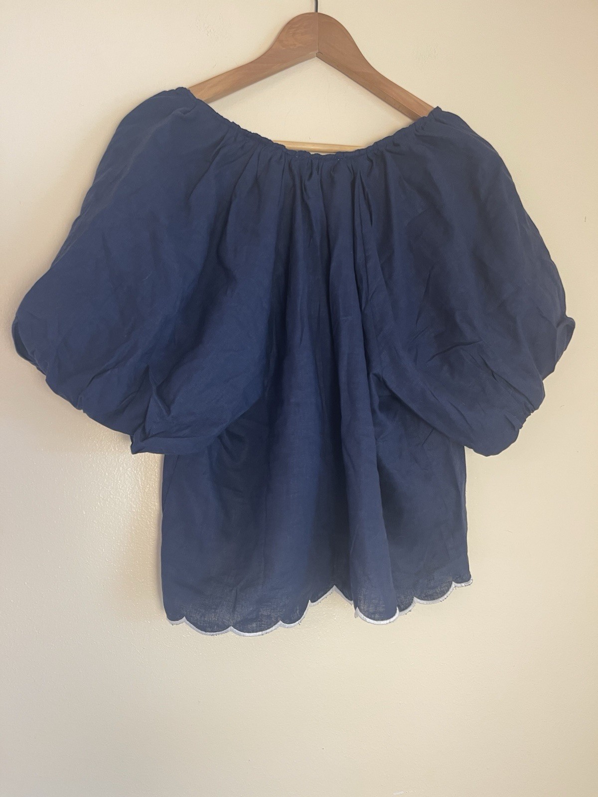 Calypso St Barth Navy Embroidered Linen Blend Top L Puff Sleeve Boho Luxury NWT