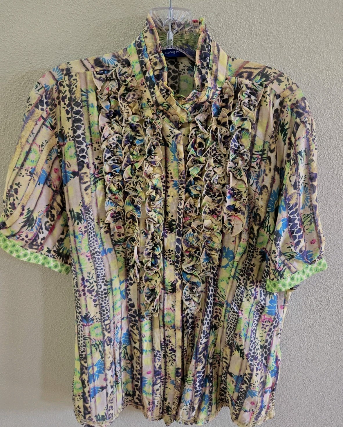 Georg Roth Los Angeles Shee Top Short Sleeve Animal Print Floral Ruffles L