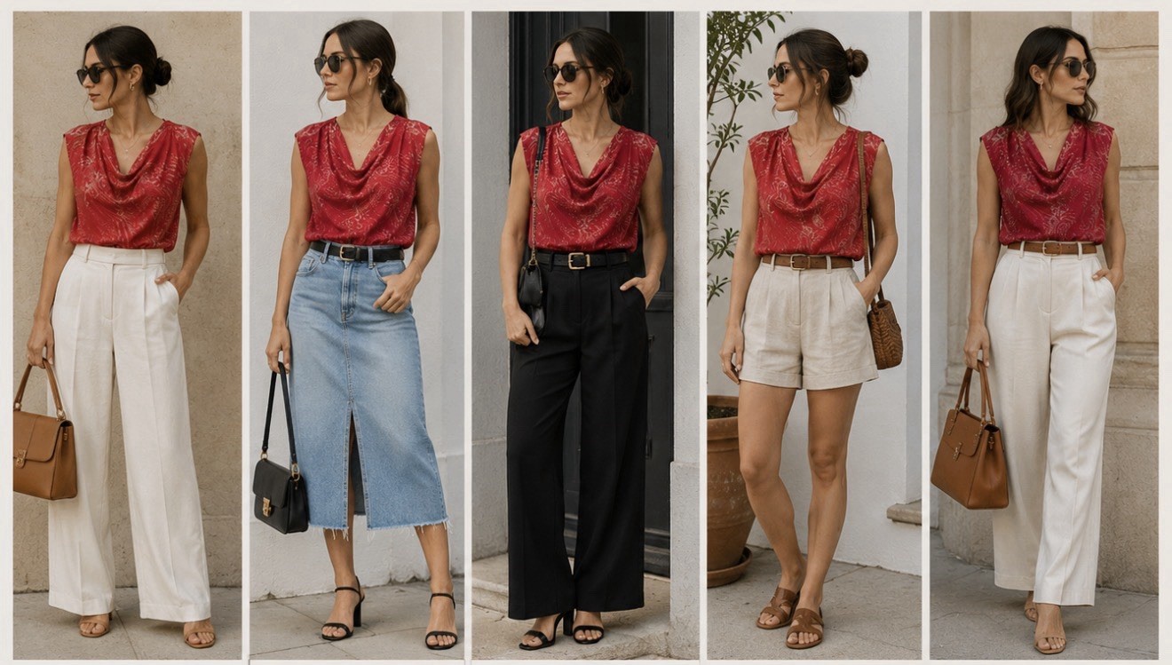 Classiques Entier Red Silk Chiffon Cowl Neck Sleeveless Lined Blouse S