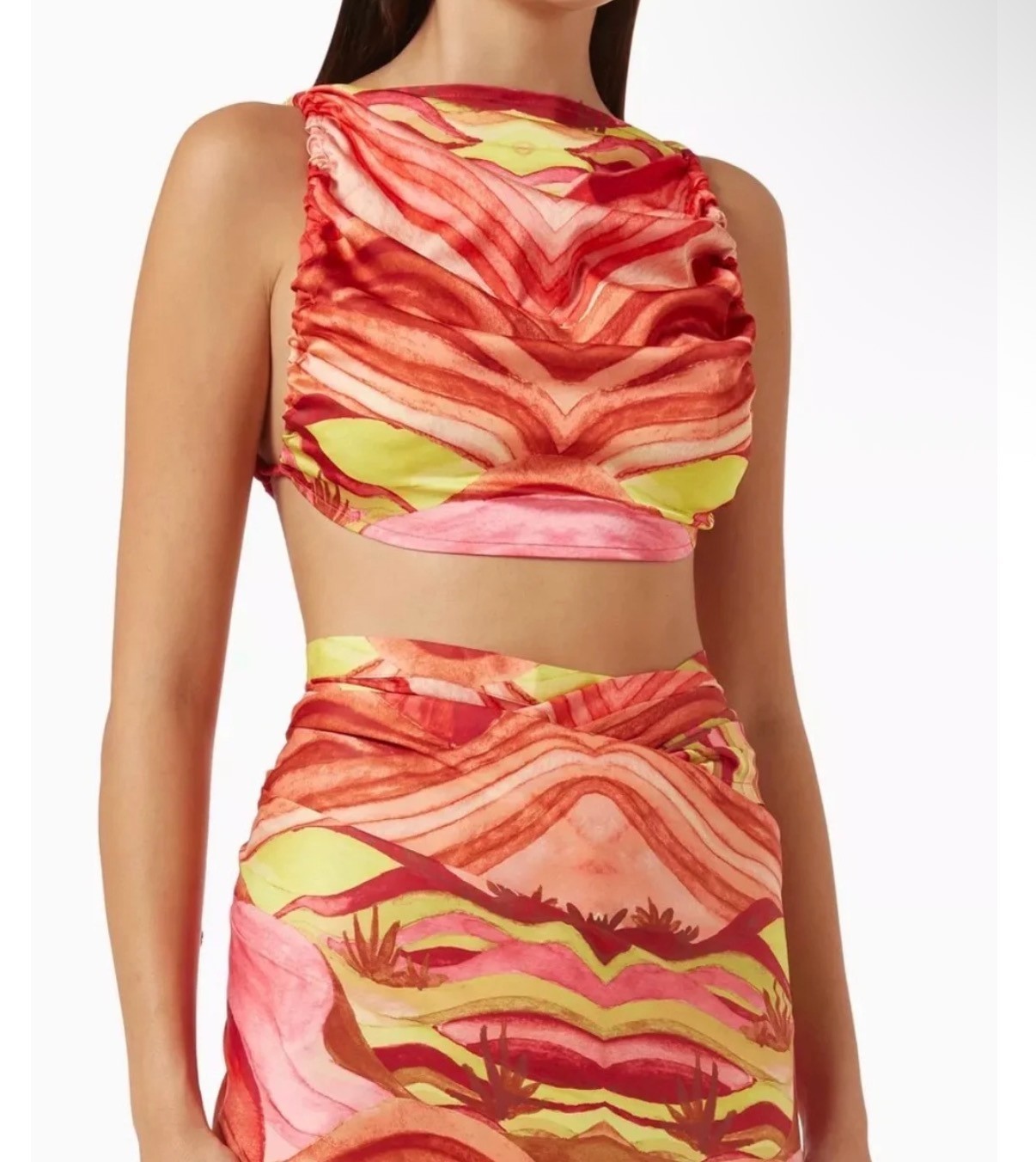 Andrea Iyamah Sunset Aiko Crop Top Red Yellow Backless High Neck Adjustable S/M