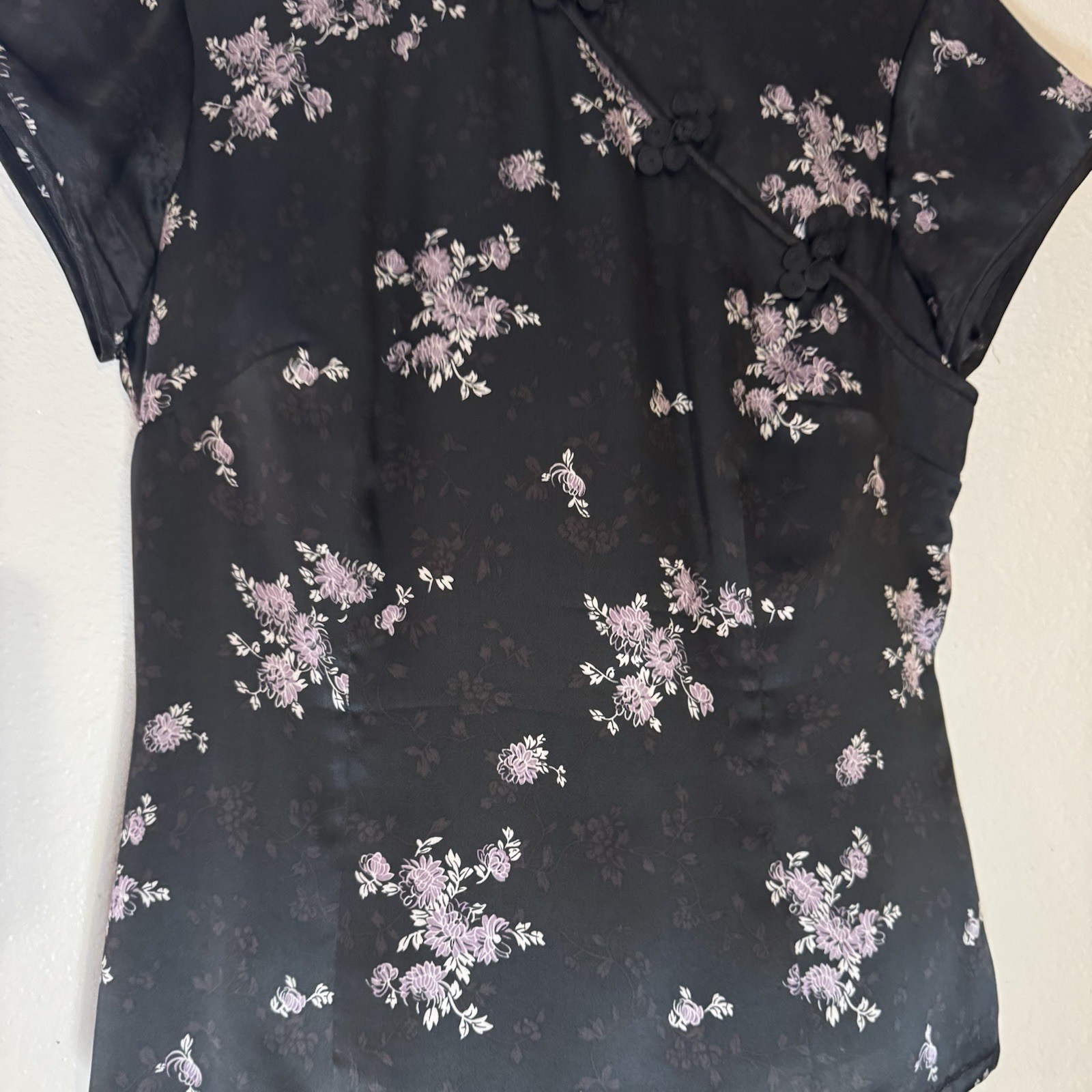 Amanda Lane Traditional Chinese Top Cap Sleeve Mandarin Collar Black Floral Zip
