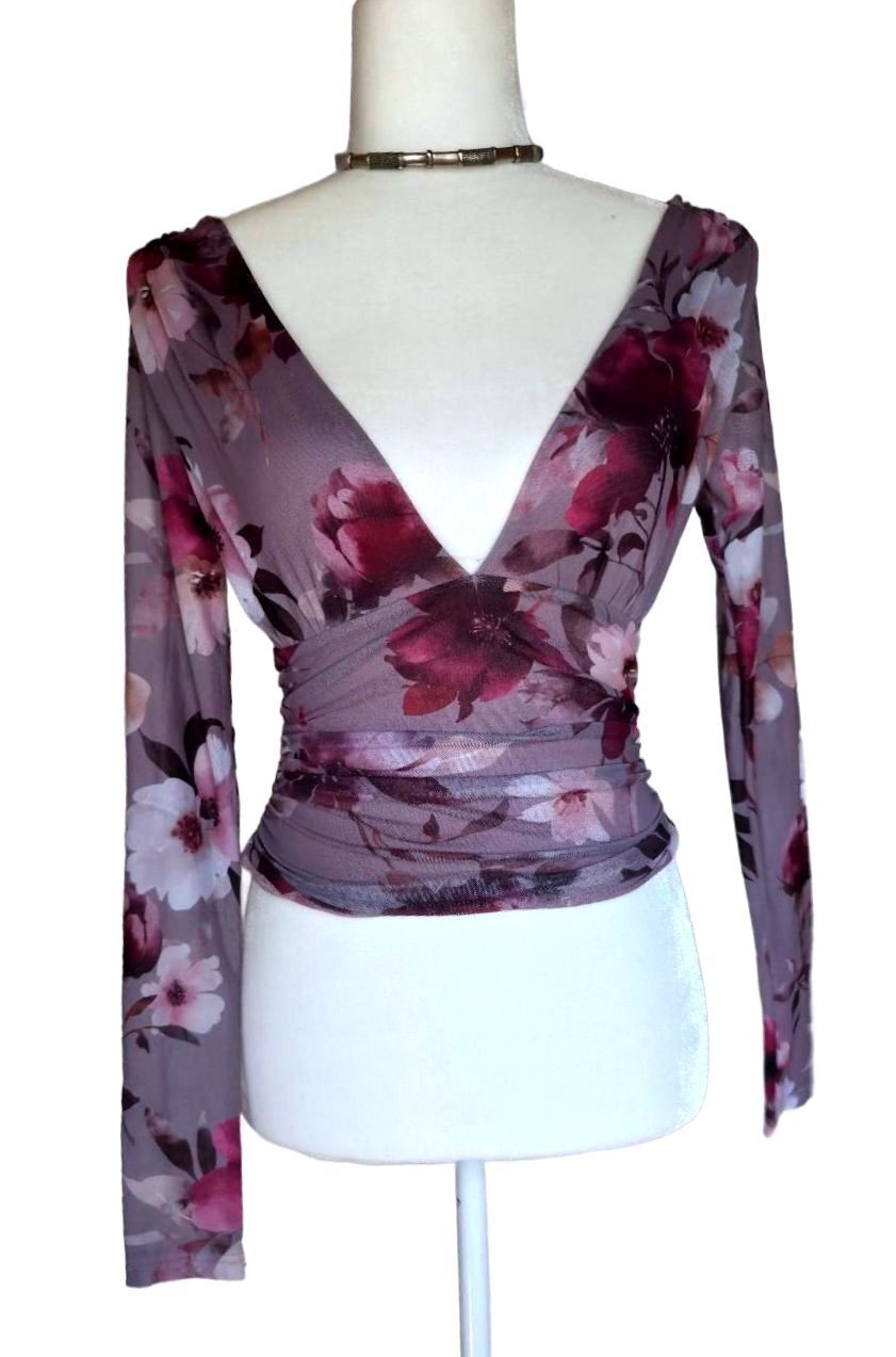 Windsor Mauve Floral Sheer Mesh Backless Plunging Ruched Long Sleeve Top Small