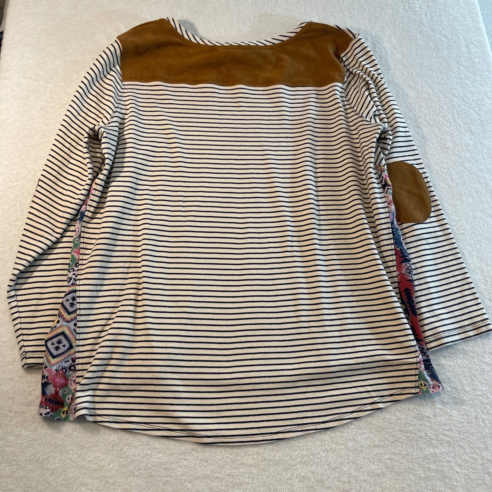 Ali Miles Striped Mixed Media Top Elbow Patch Tribal Print Plus 1X RN 127304