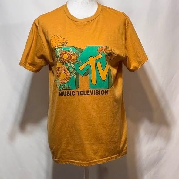MTV Graphic Tee Mustard Yellow Sunflower Mushroom Retro Music T-Shirt S Boho