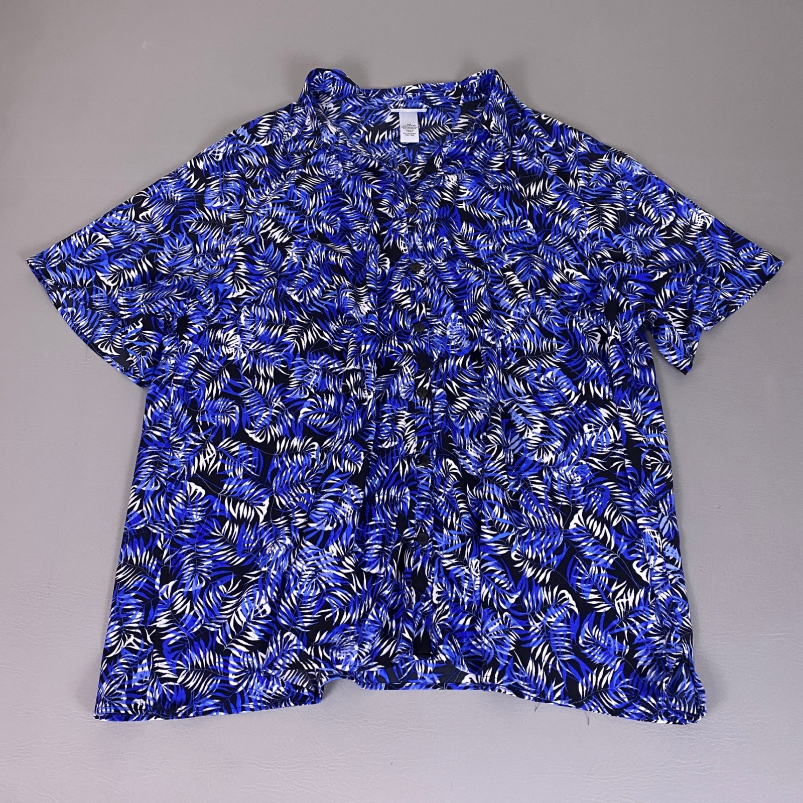 Catherines Button Up Shirt Blouse Women’s 2X Plus Blue Tropical Palm Leaf Print
