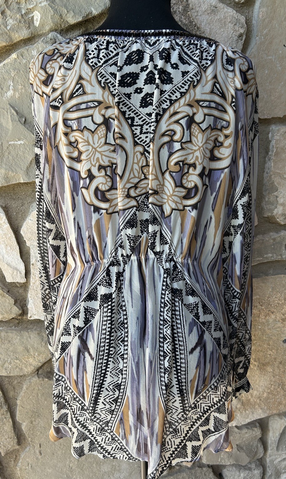 Hale Bob Silk Top Blouse Medium Multi Print Beaded Embellished Artsy Boho EC