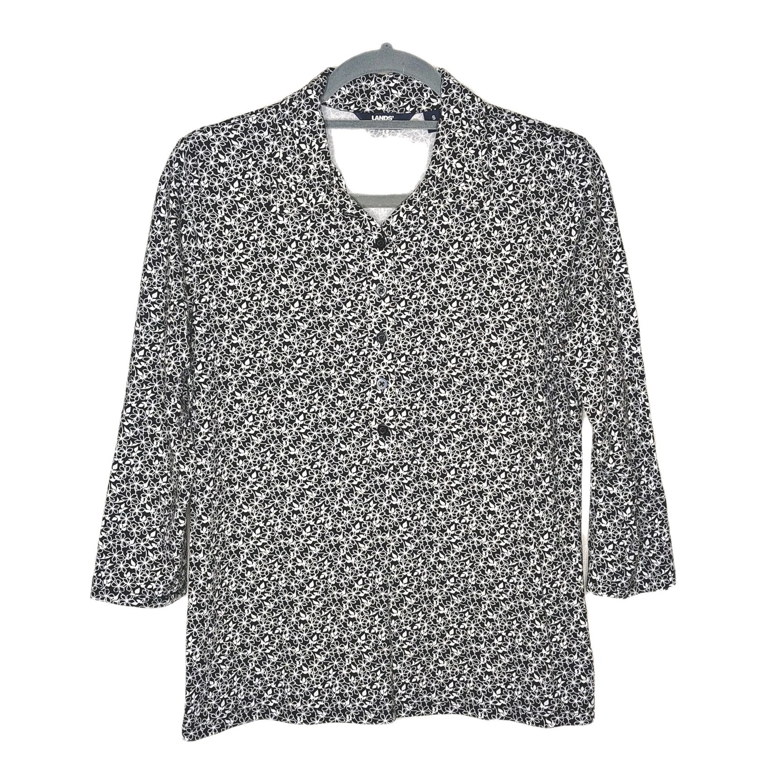 Lands End Women’s Top Size Small 6-8 Black White Floral Nylon 3 Button Pullover