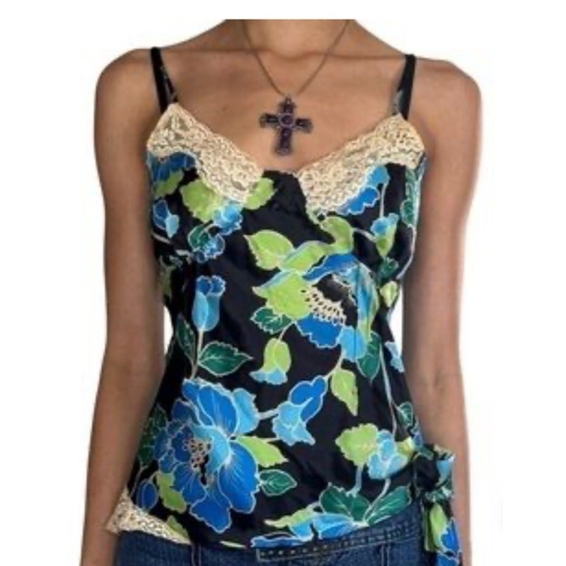 Y2K MIXIT Blue Floral Lace Trim Babydoll Cami Top 2000s Goth Plus 1X