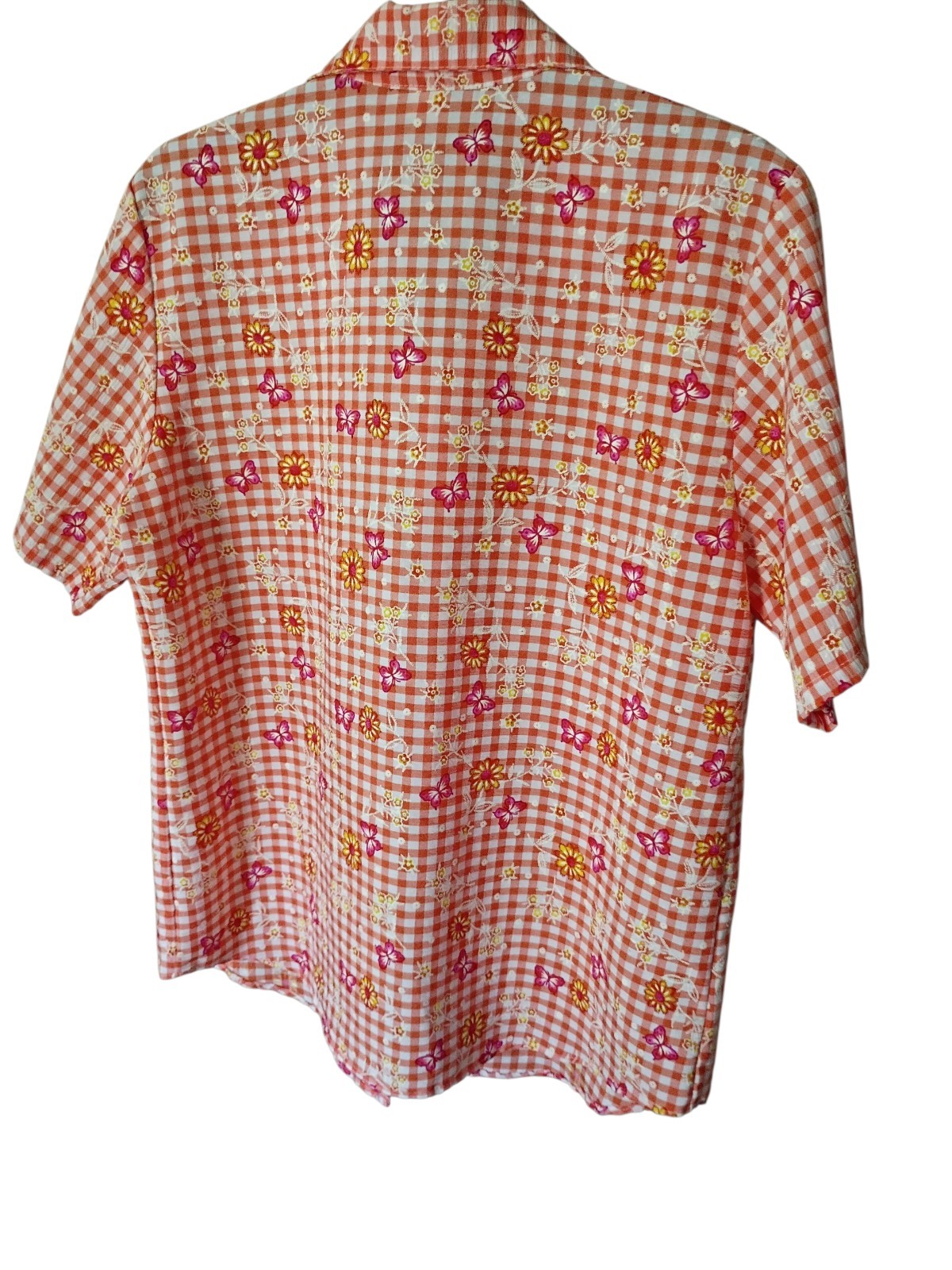 Vintage 90s Tumbleweeds Orange Gingham Floral & Butterfly Short Sleeve Button-Up