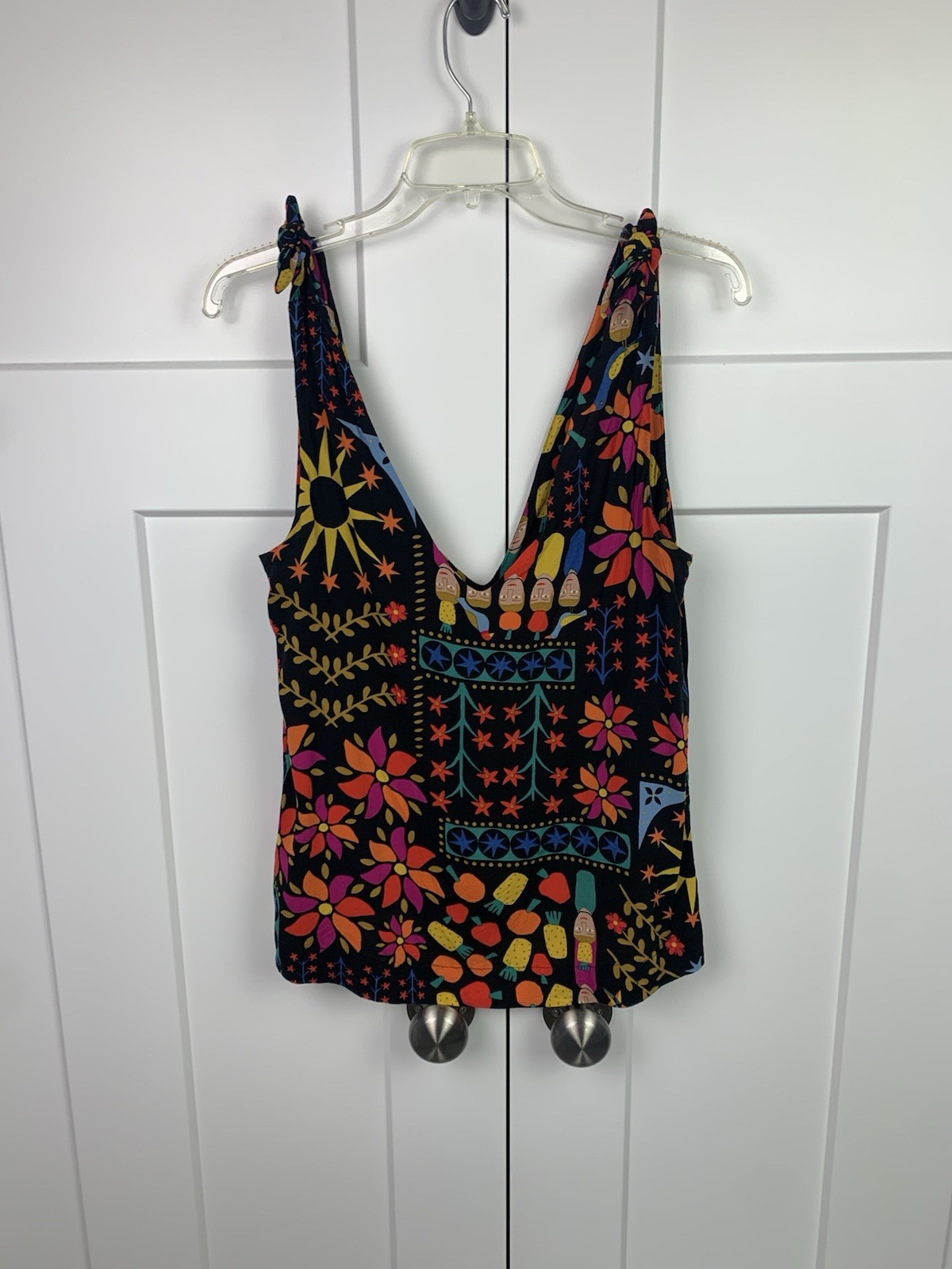 Cantao Brazil MEDIUM Tie Strap Tank Top Vibrant Tribal Festival V Neck Boho