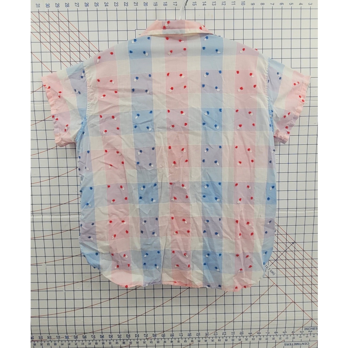 Vintage 50s Gingham Blouse Pink Blue Cotton Pom Pom Button Front Womens
