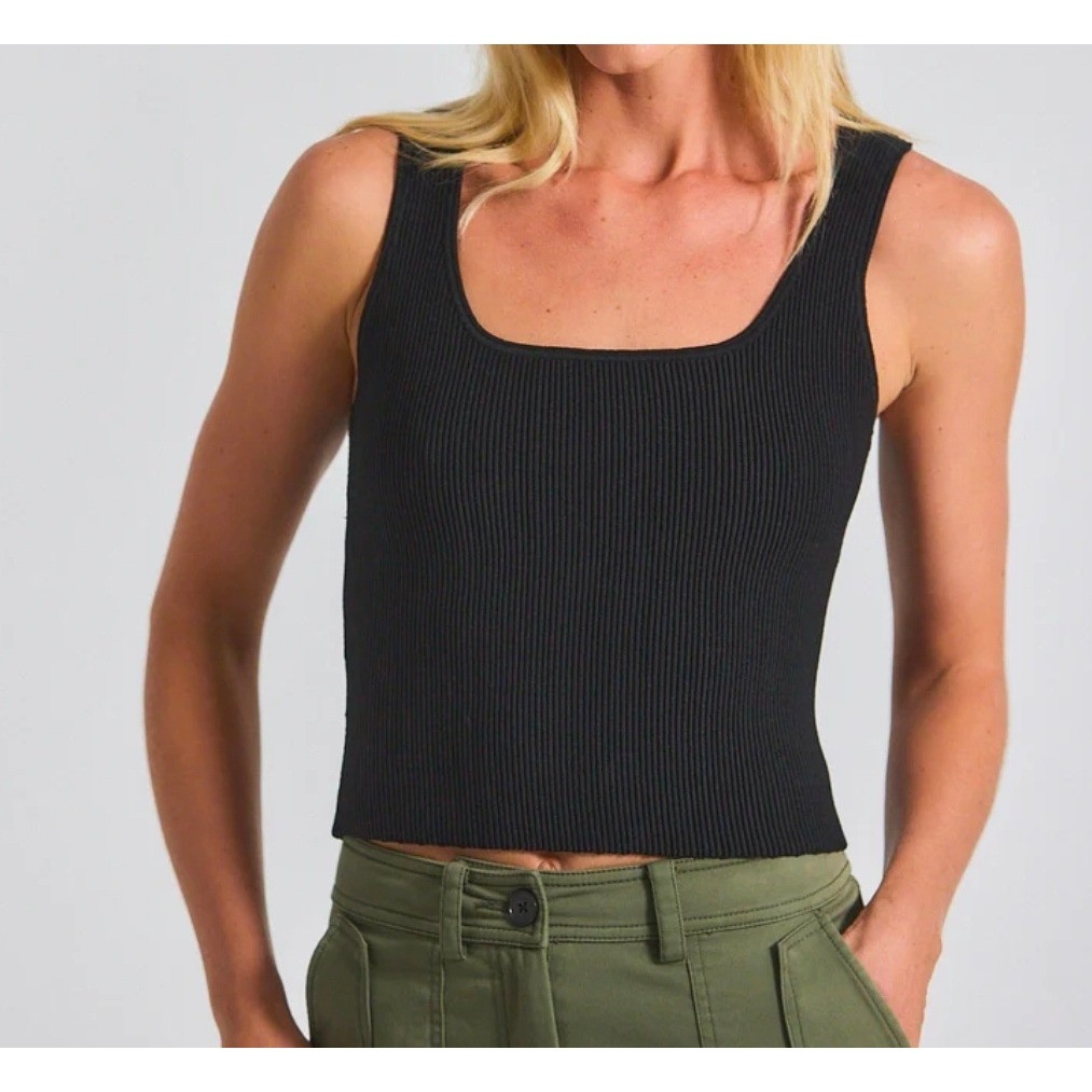 Derek Lam 10 Crosby Black Ribbed Square Neck Crop Tank Top Size M NWT
