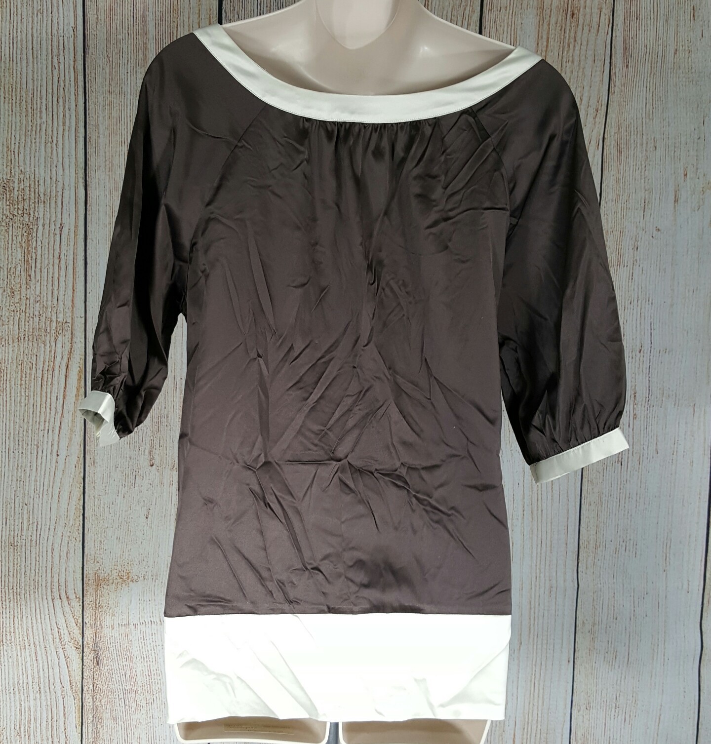 Love Notes Top Womens Large Brown Beaded White Ribbon Rosette Waistband Pullover