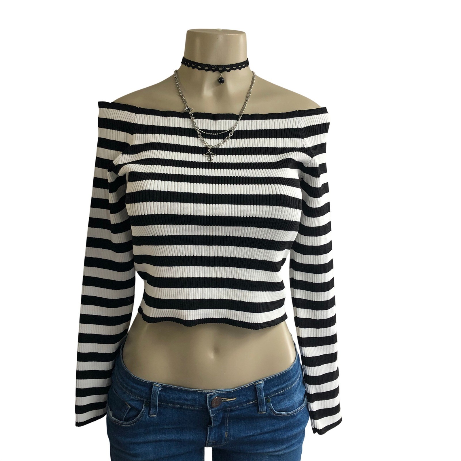Silence+Noise Striped Off The Shoulder Ribbed Crop Top L Long Sleeve Y2K Style