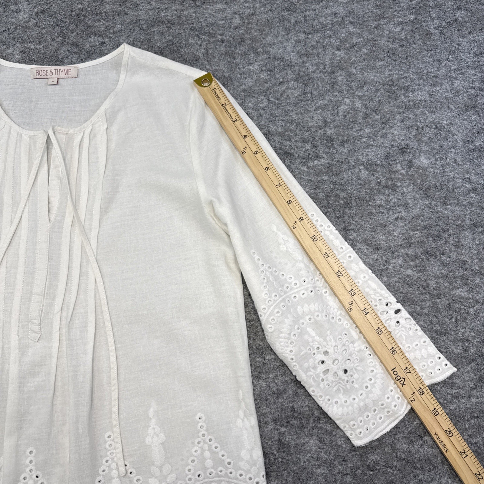 Rose and Thyme linen blend eyelet top women’s small white pleated embroidered