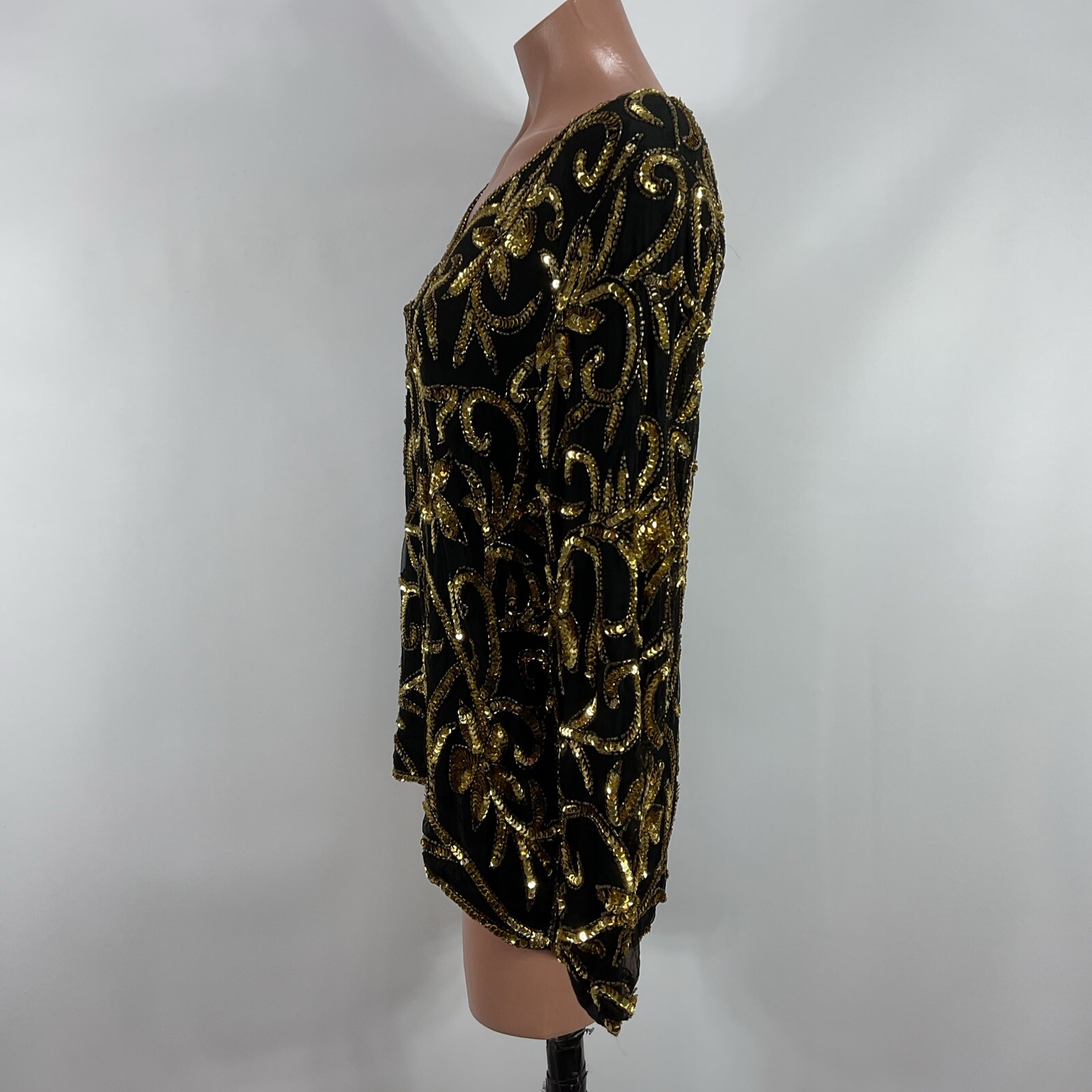 Vtg Womens Sequin Silk Top Black Gold Jean Joseph Le Bon Long Sleeve Sz M