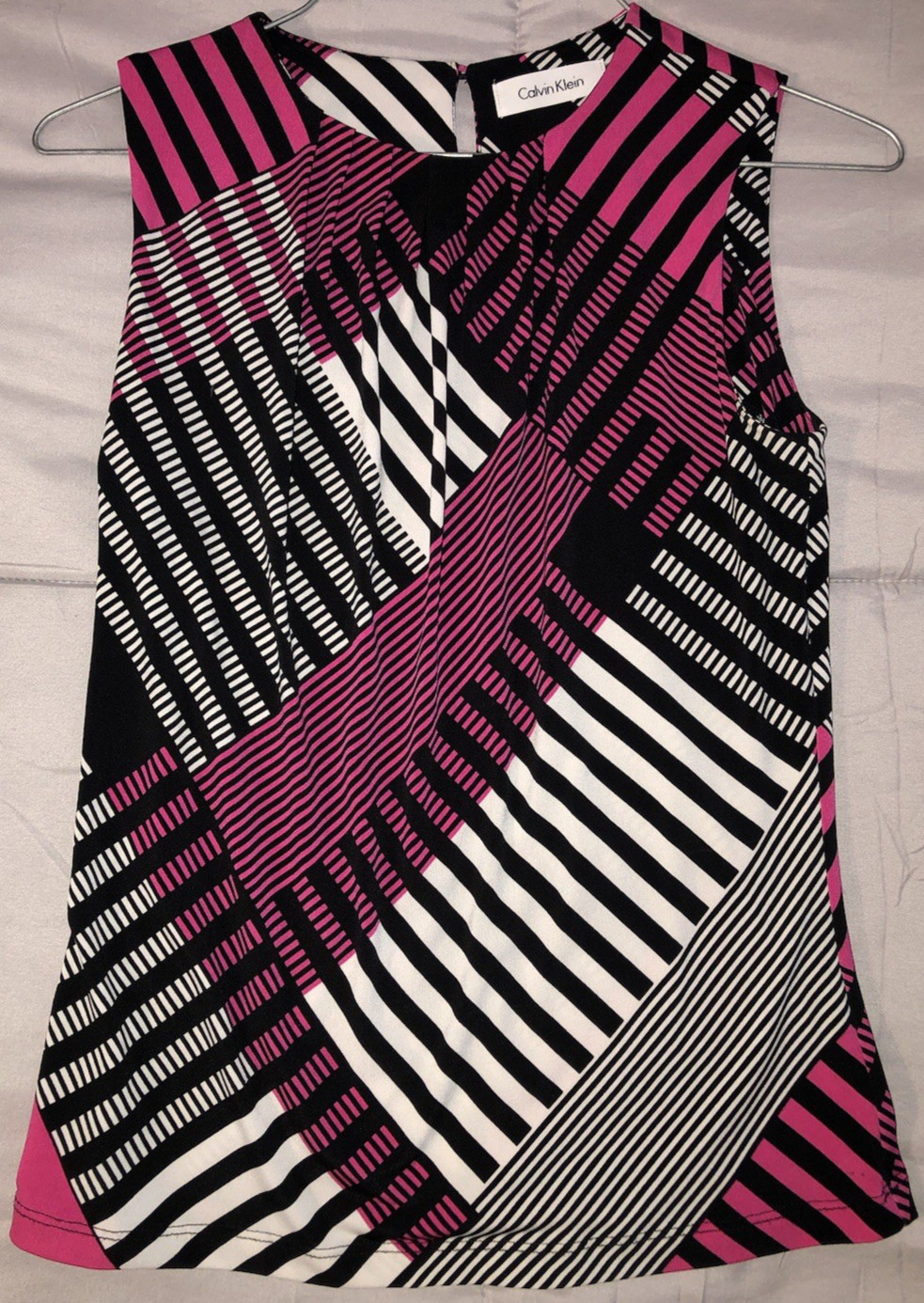 Calvin Klein Sleeveless Shell Tank Top Shirt Sz PXS Pink/Black/White Striped