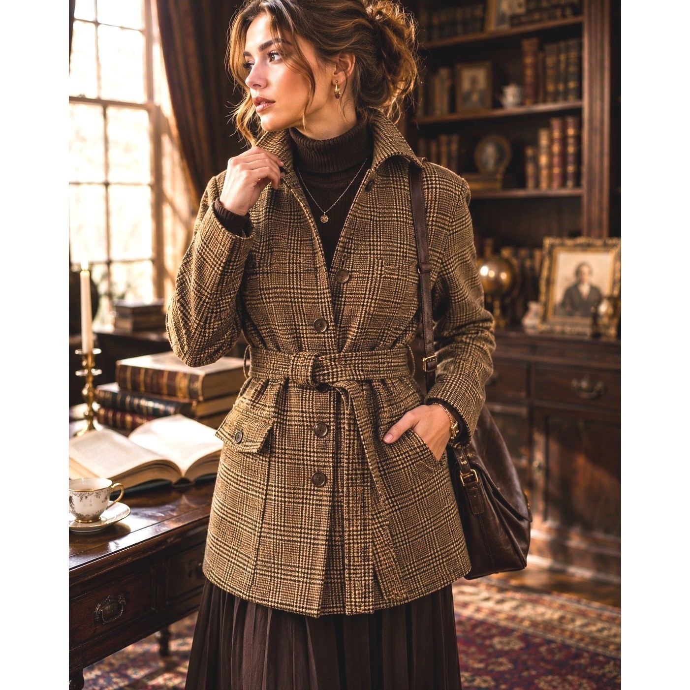 Wool Blend Plaid Jacket Womens Petite Large Camel Belted Equestrian Coat NWT
