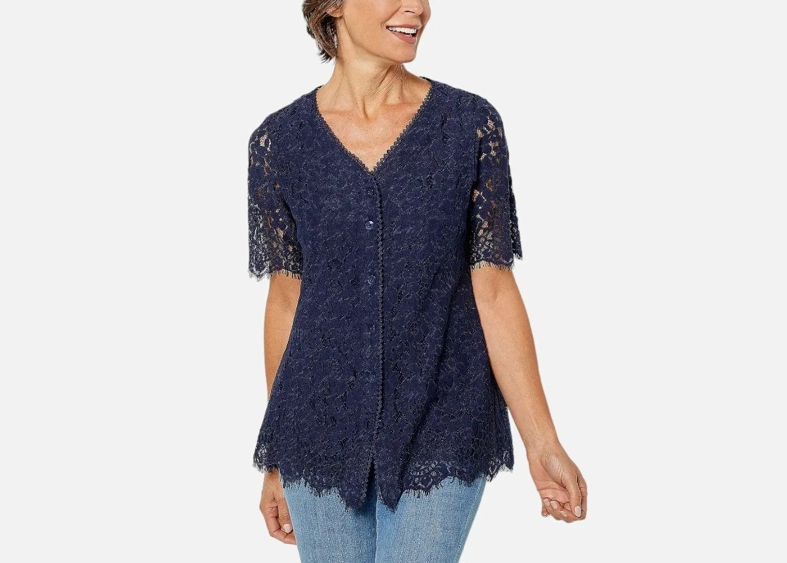 Isaac Mizrahi Knit Lace Button Front Top-Dark Navy-1X-NEW- A392615