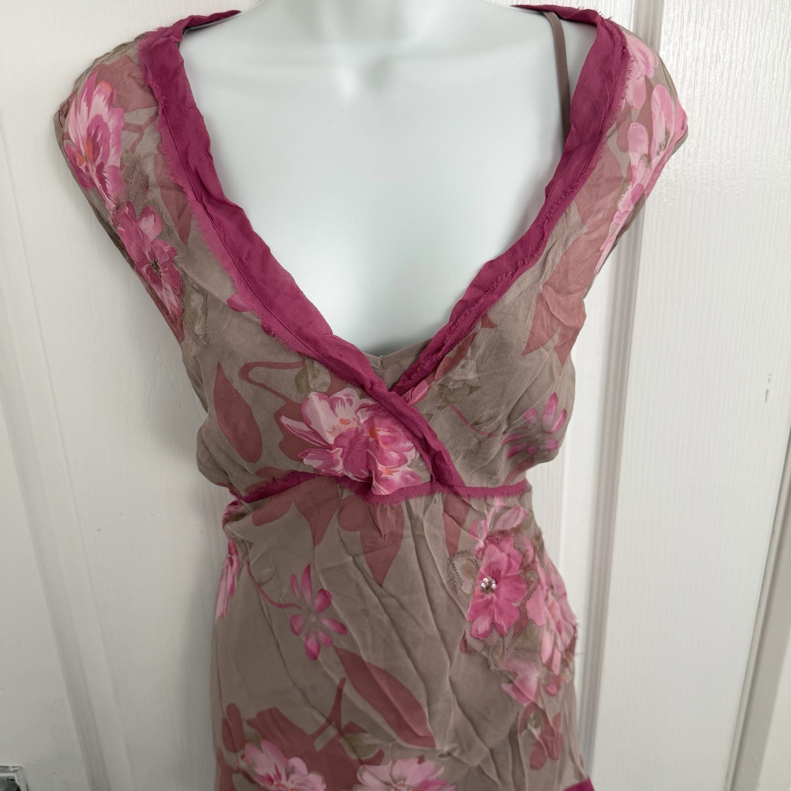 Monsoon 100% Silk Floral Top UK 22 Pink Applique Sequin Boho Y2K Fairycore Boho
