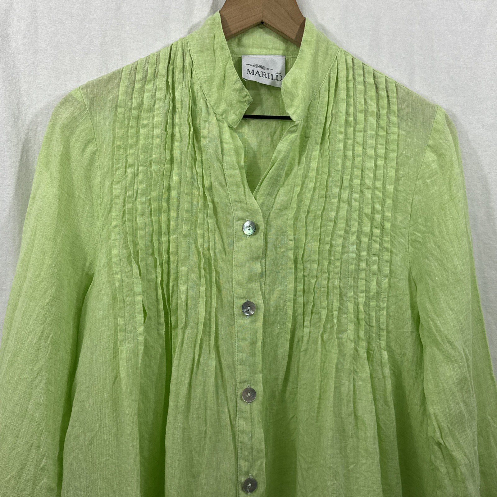 Marilu 100% Linen Green Pintuck Button Tunic Top Womens Sz S Beach Resort Italy
