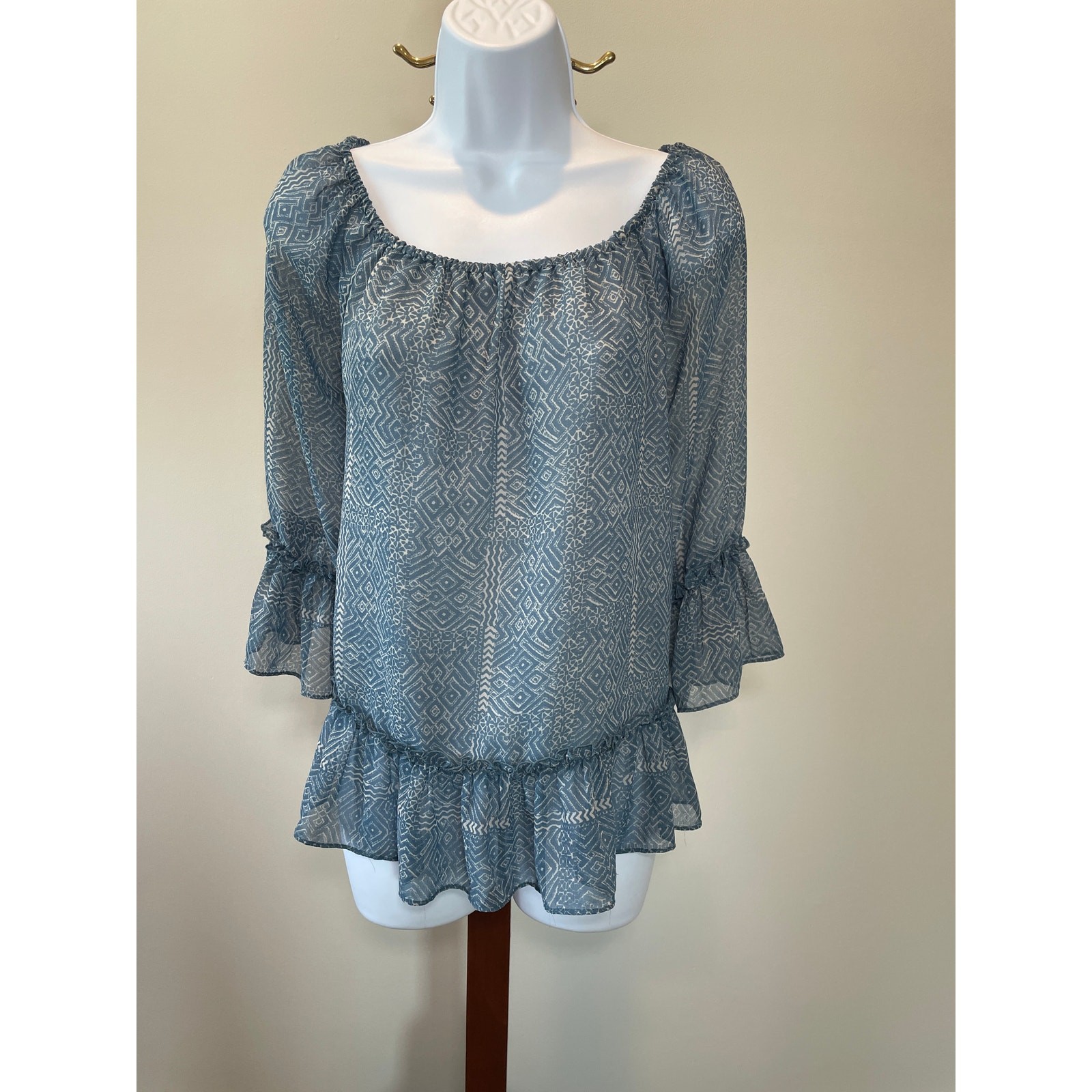 Lucky Brand Size L Sheer Boho Top – Light Blue & Cream