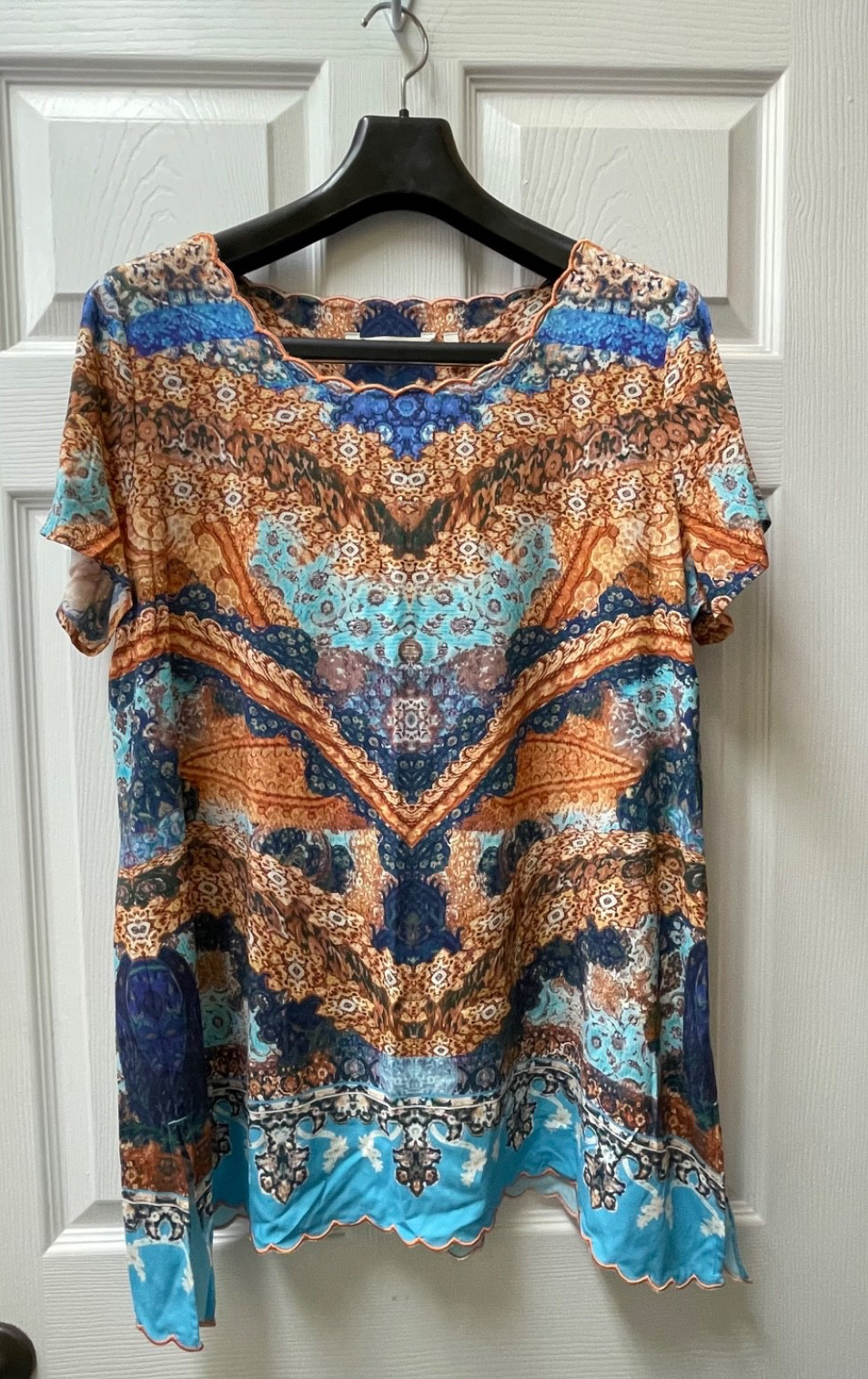Soft Surroundings Women’s Size Medium Blue/Copper Scalloped Hem Cap Sleeve Knit