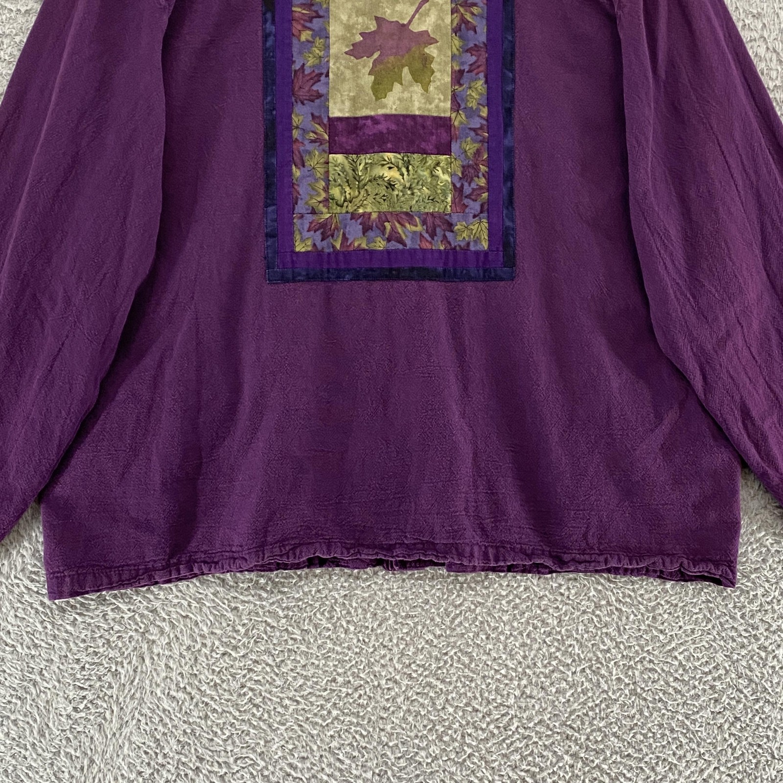 Brie Kriebel Shirt Womens 2XL Purple Quilted Leaf Patchwork Art Top Cotton