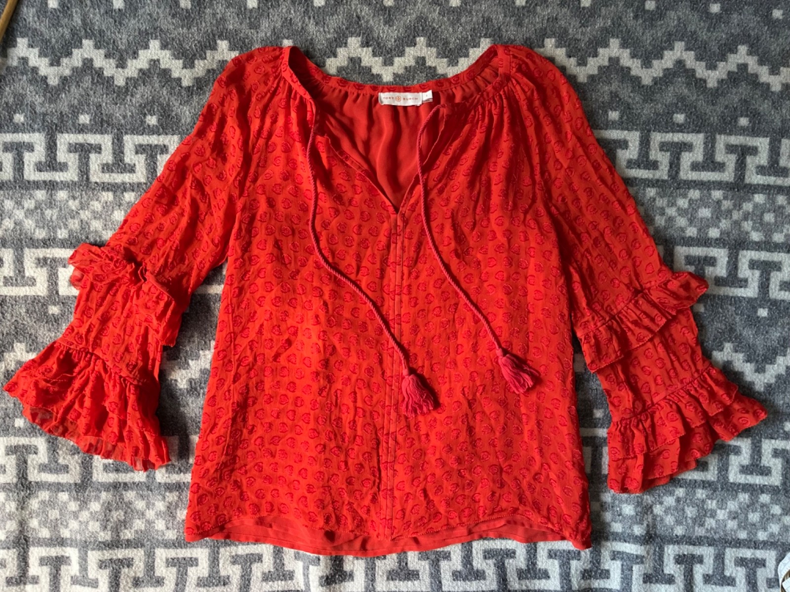 Tory Burch Leopard Jacquard Silk Blouse red Orange Tassel Ruffle 3/4 Sz 2 XS – S