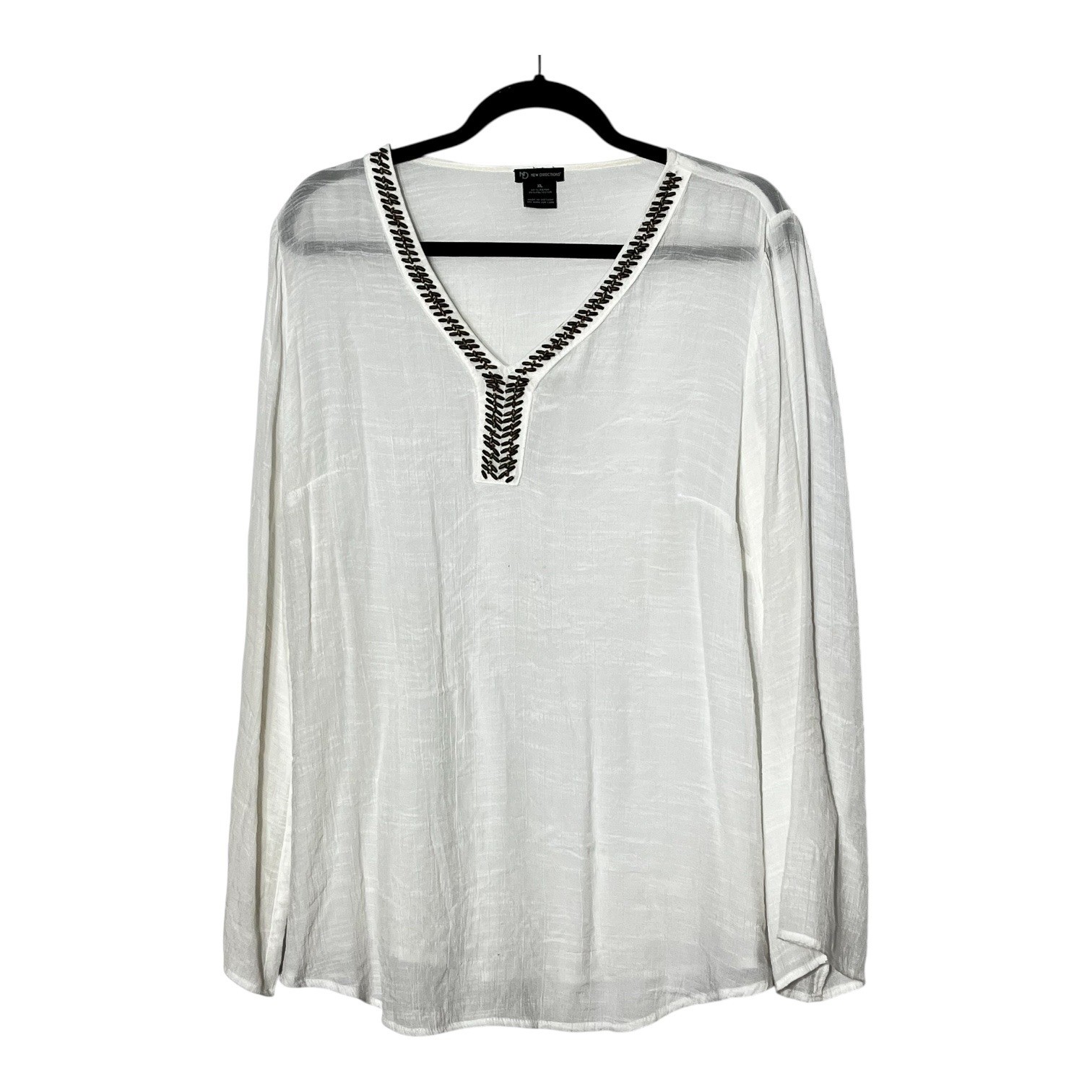 New Directions Womens XL White Beaded Split V-Neck Long Sleeve Slub Blouse Boho