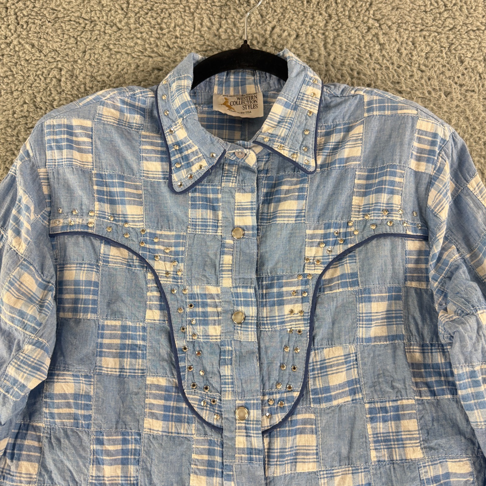 Western Collection Styles Snap Button Shirt Womens Medium Blue Patchwork VTG LS