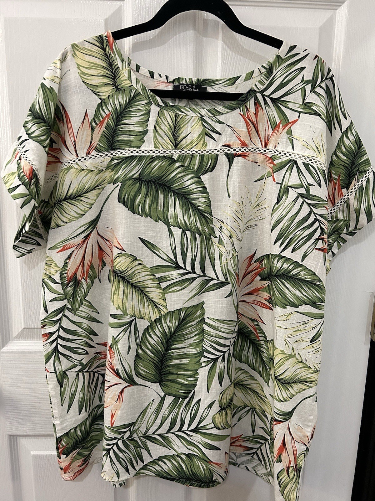 Anthropologie RD & KoKo 100% Linen Shirt Tunic 1X Printed Blouse Short Sleeve