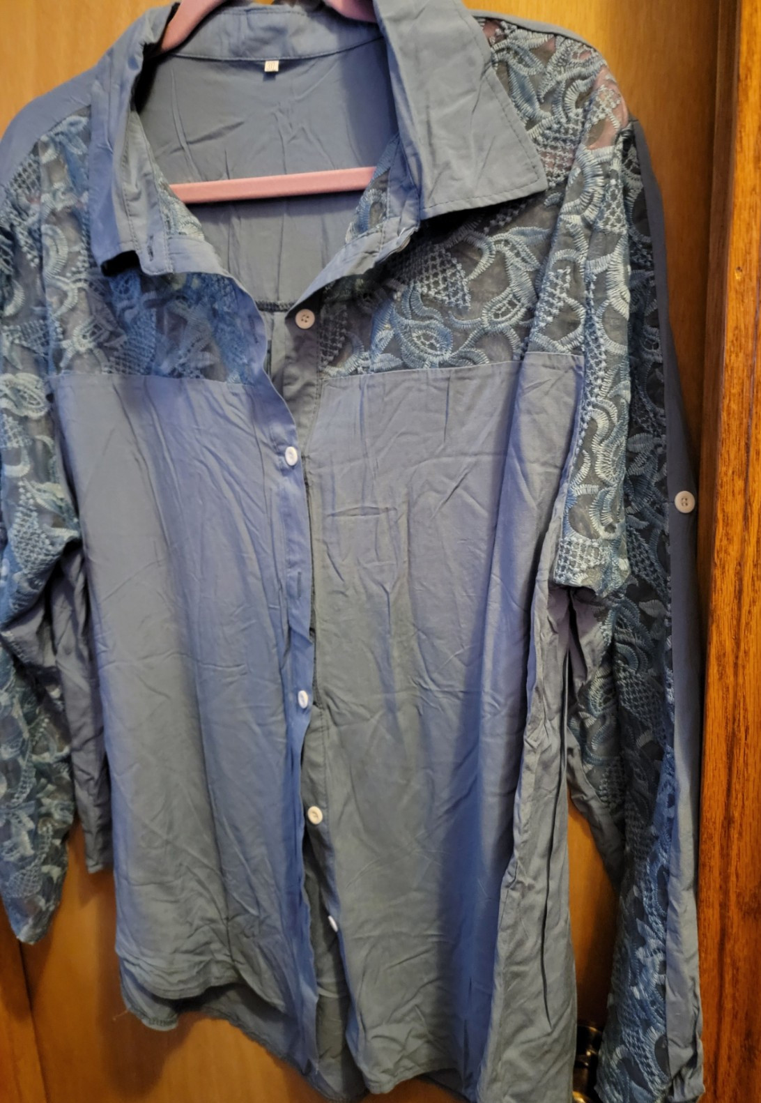 Blouse, Blue w/Blue Lace insert, Shoulder & Roll up Button Sleeve, Plus 3x