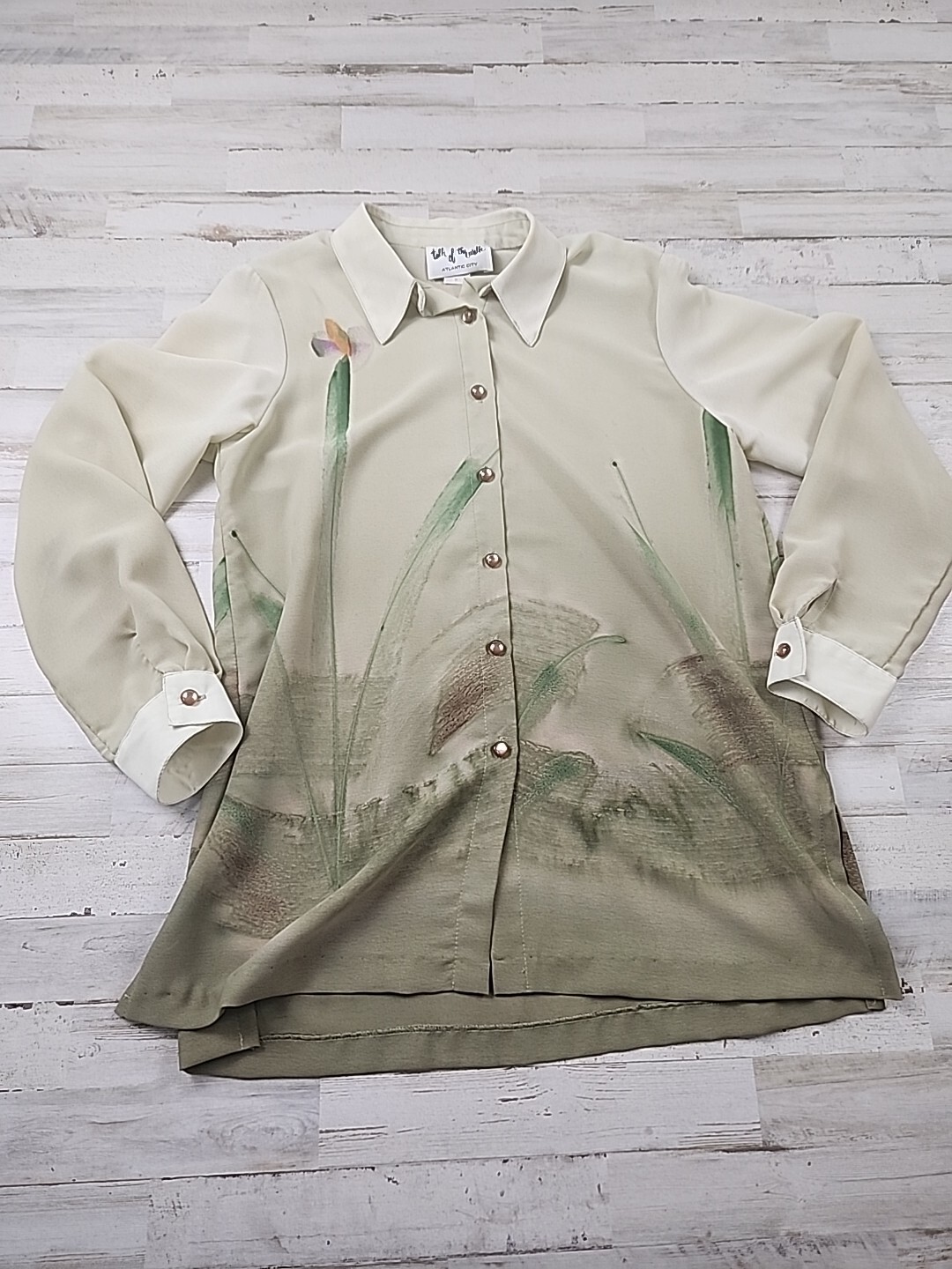 Vintage Talk Of The Walk Atlantic City Blouse Medium Green Art Watercolor Sheer