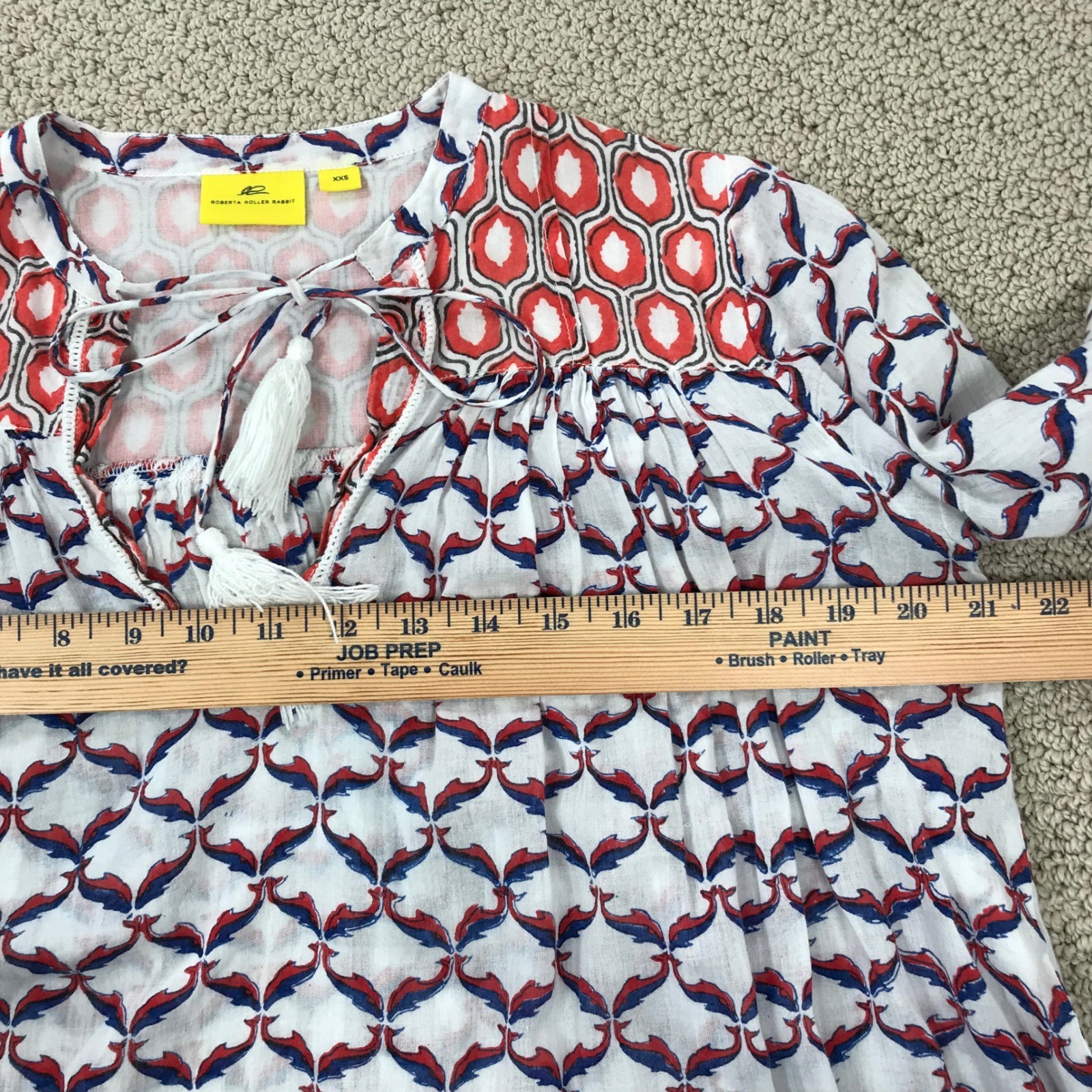 Roberta Roller Rabbit Whale Print Tunic Top XXS White Red Blue Tassel Fringe Hem