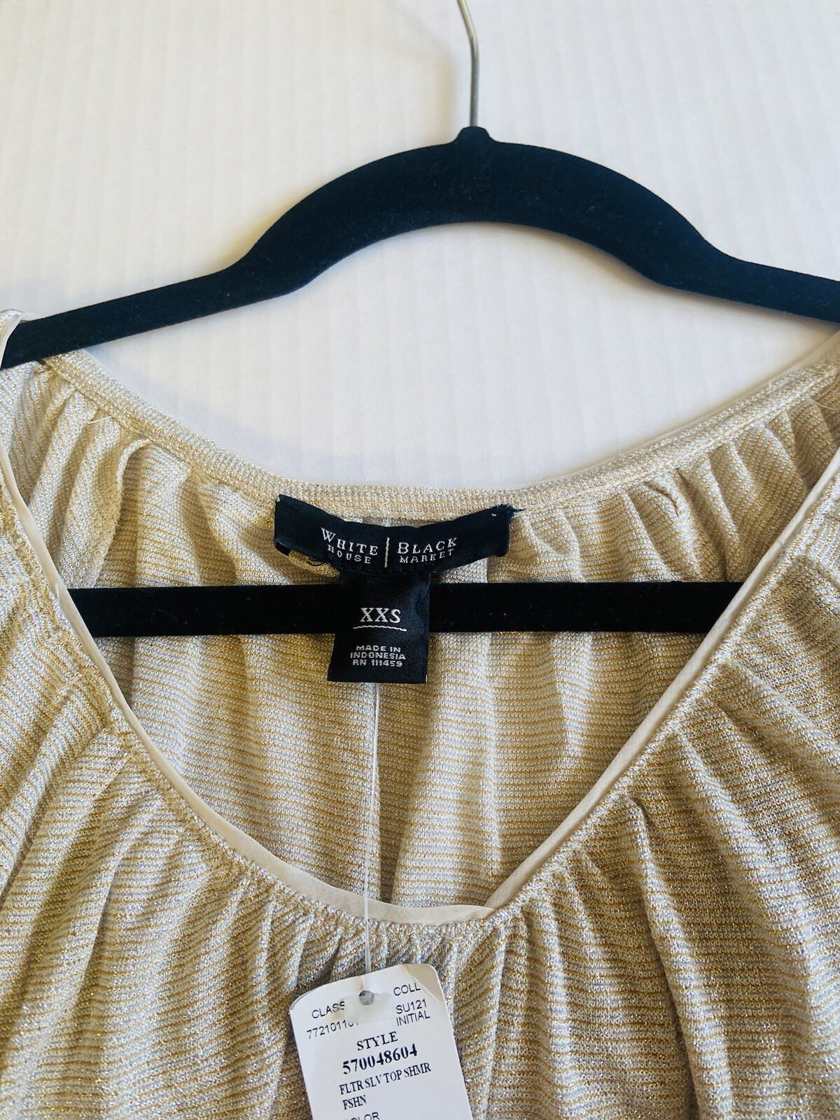 NWT! White House Black Market Womens XXS Striped Metallic Shimmer Flutter Top