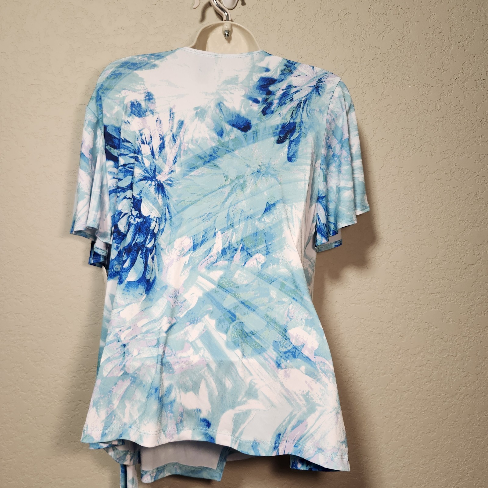 Clara Sun Woo Top Womens XL Green Blue Faux Wrap Side Tie Tunic Blouse