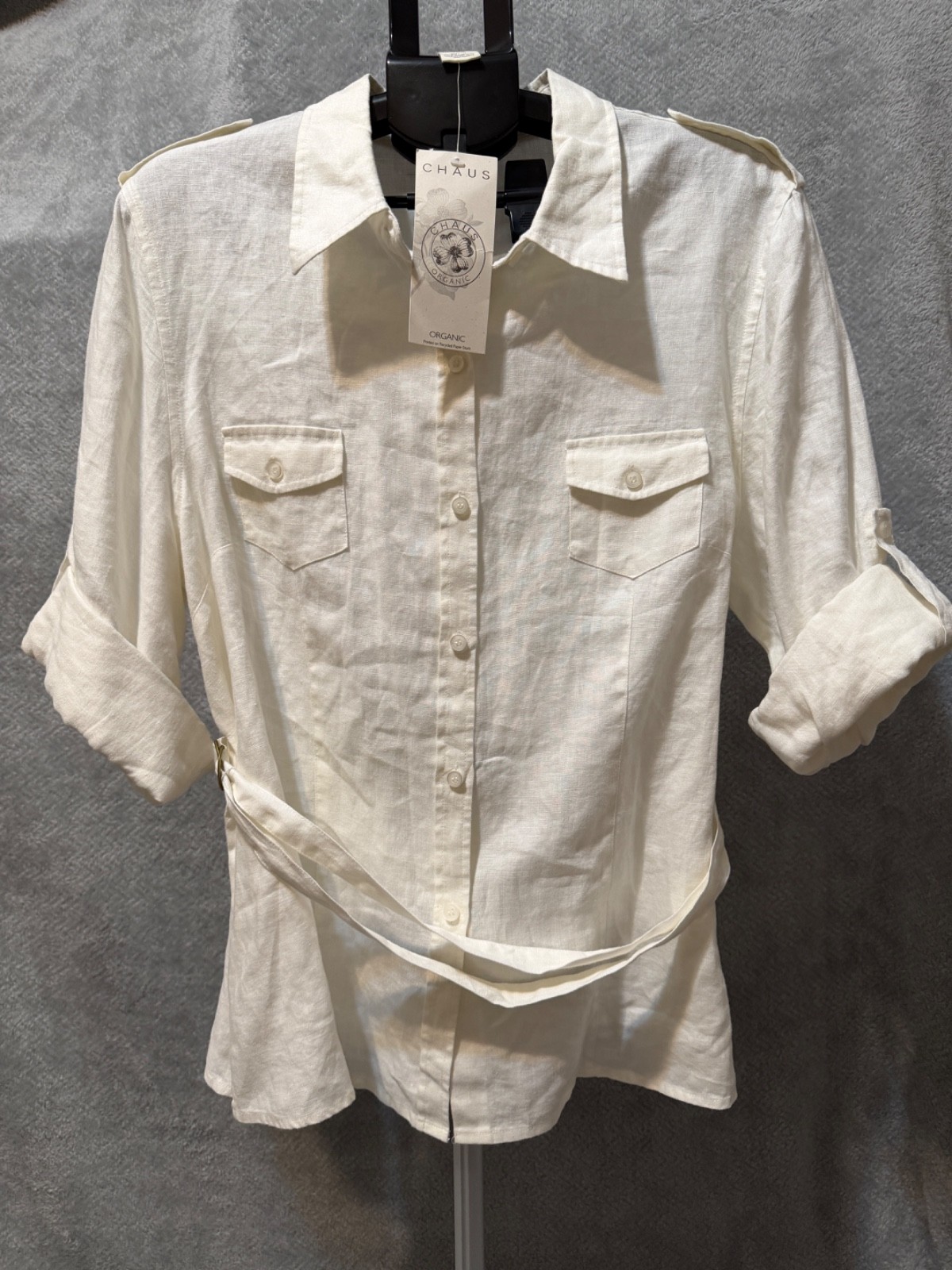 NWT Chaus Organic 100% Linen Button Up Neutral Cream Belted Size XL
