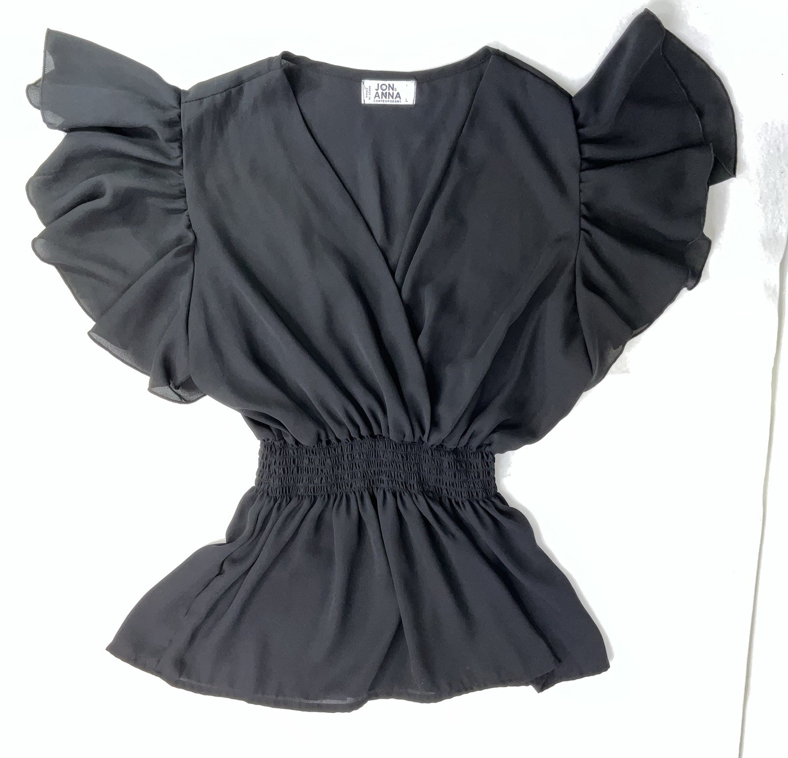 Womens Smocked Waist V Neck Flutter Sleeve Peplum Medium Day to Night Whimsey