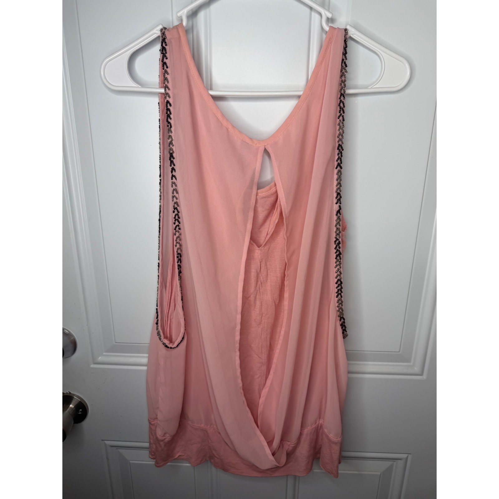 Peach Beaded Trim Chiffon Overlay Sleeveless Blouse Keyhole Back Top L