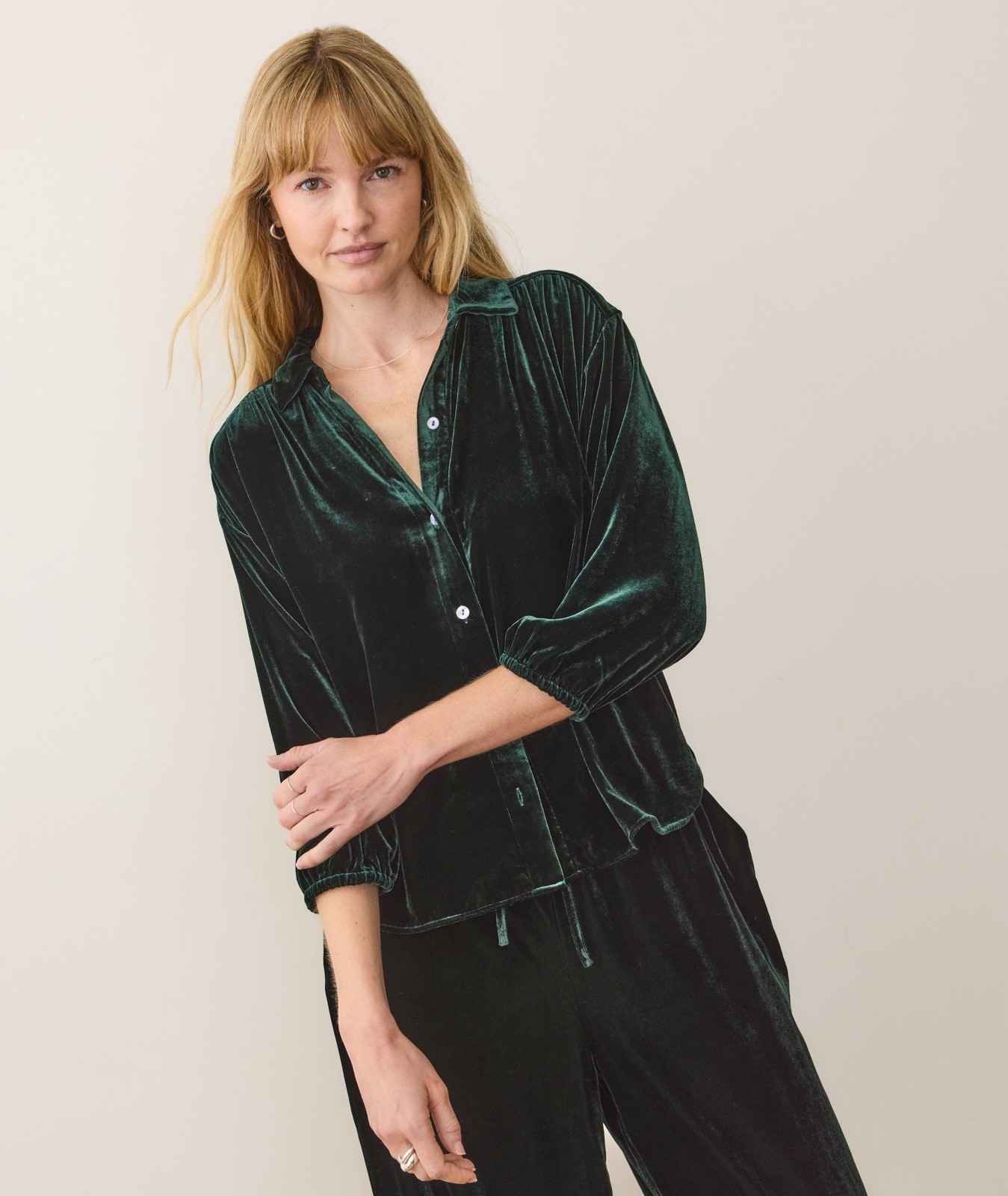 Marine Layer Bella Velvet Button Down In Dark Green Size L