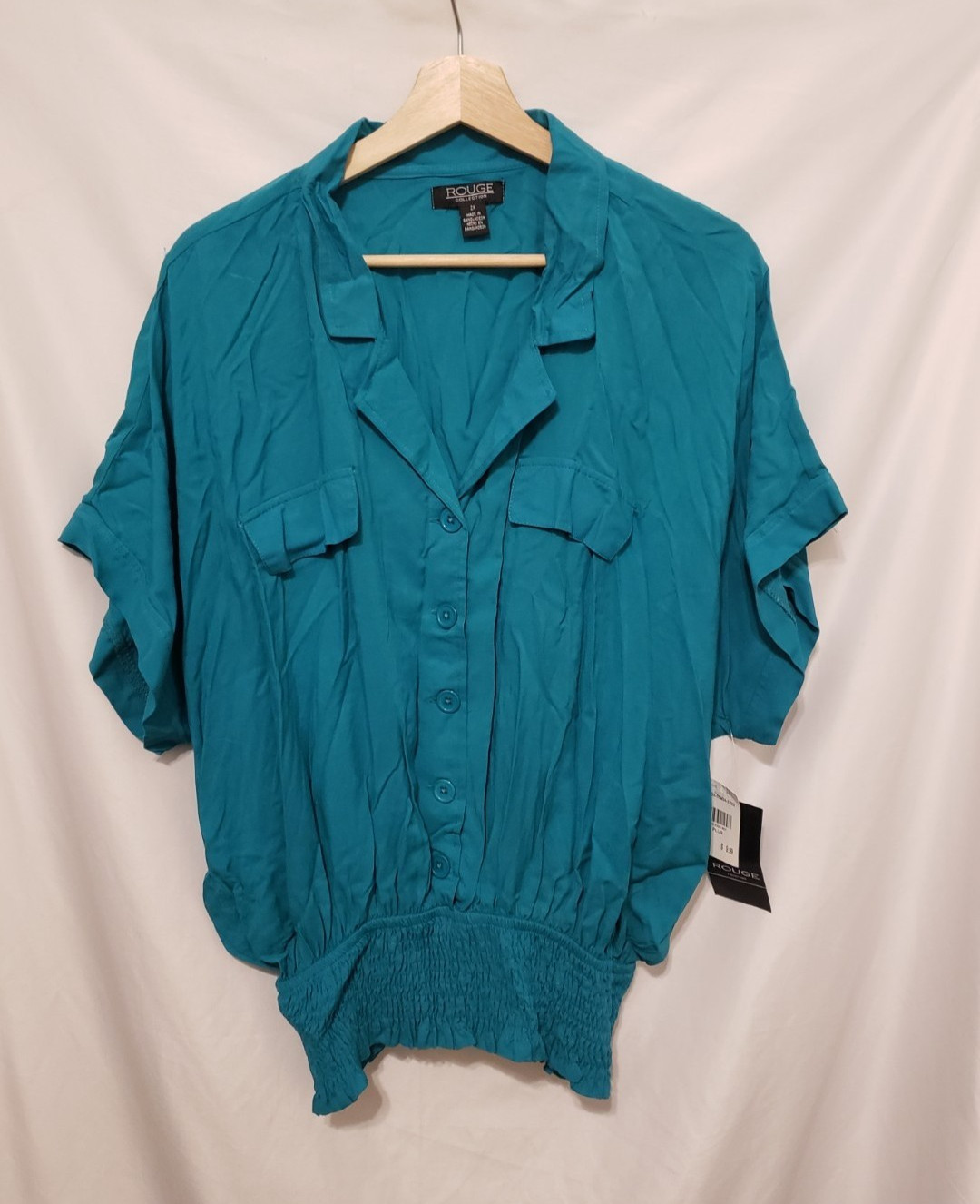 ROUGE Collection Blouse 2X Teal Blue Button Down V-Neck Smock Waistline Sheer