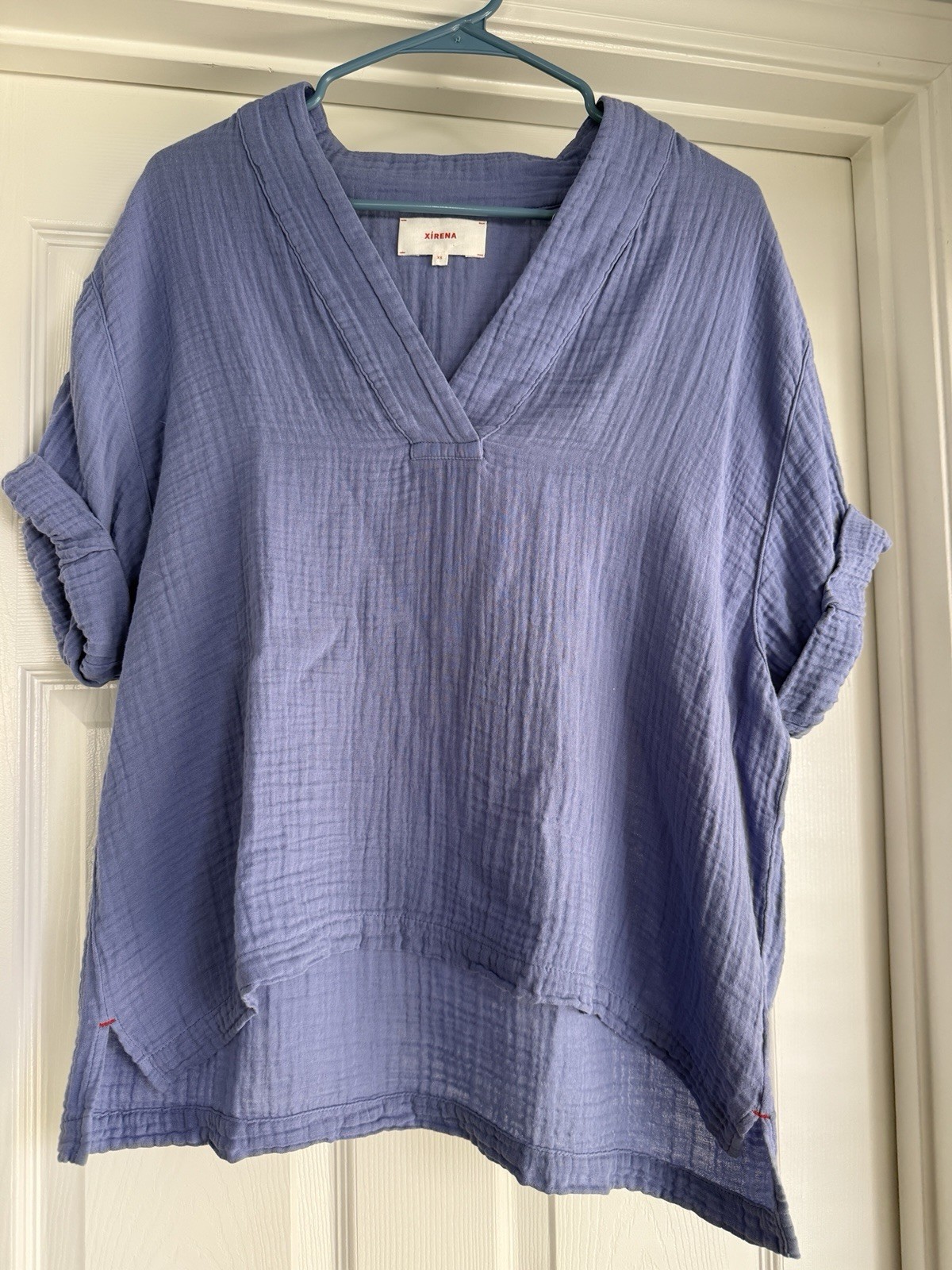 Xirena Blue/Purple Cotton V-Neck Rolled Short Sleeve Pullover Tunic Blouse XS