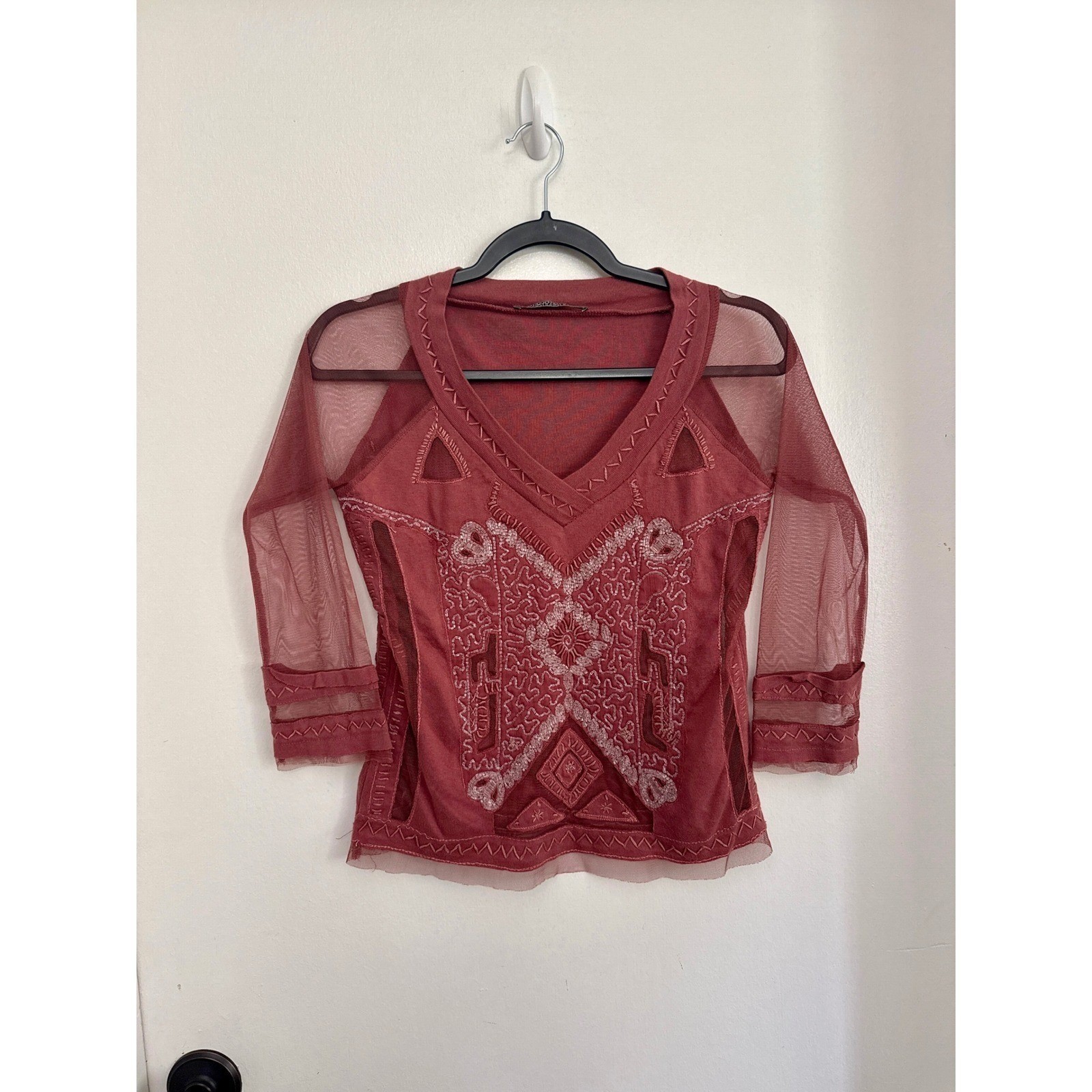 VTG Liu Jo Italian Beaded Mesh Top Rust Red Sheer 3/4 Sleeve Whimsygoth M