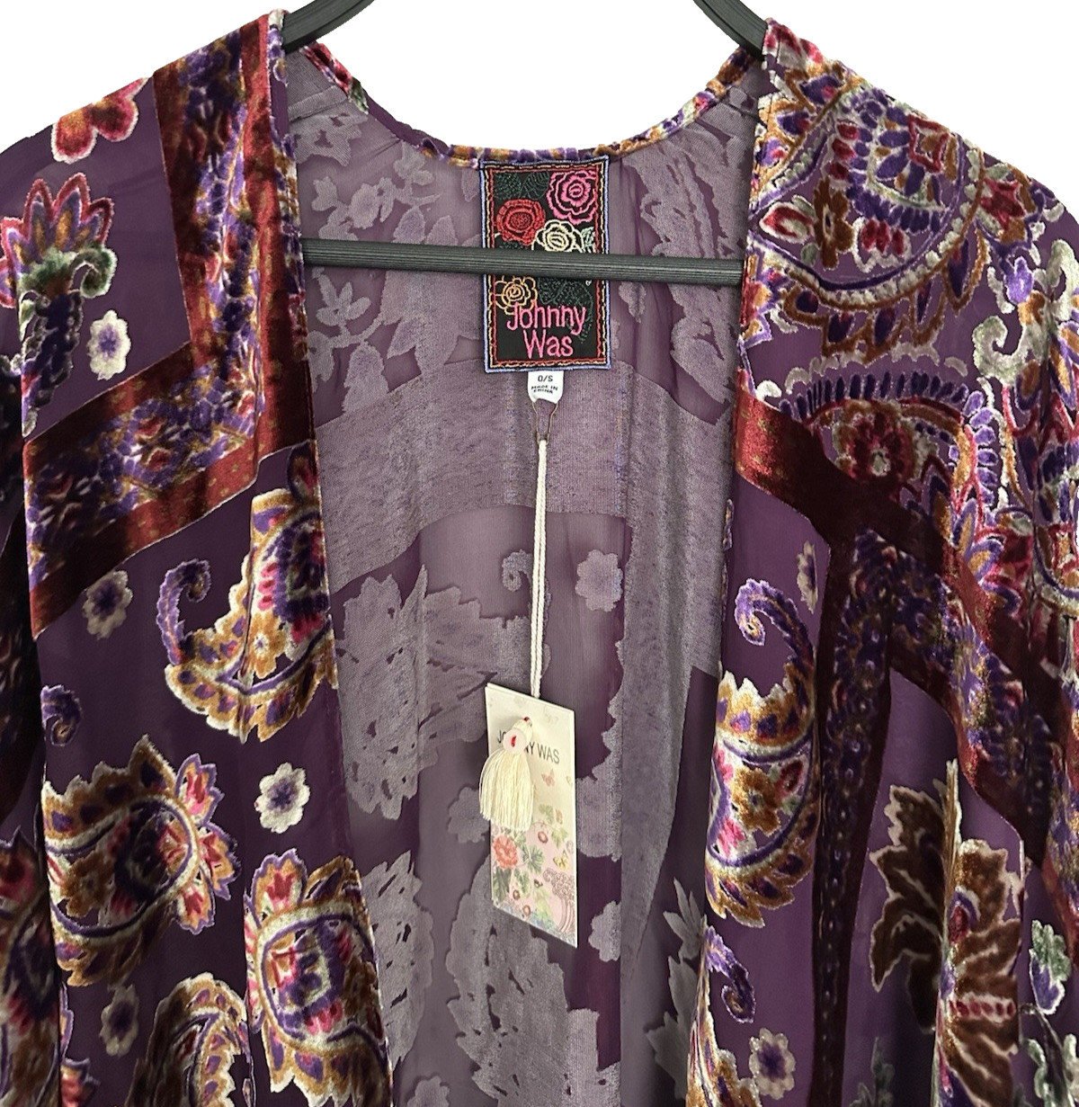 Johnny Was Domitila Burnout Velvet Shawl Wrap One Size Silk Rayon Beads NWT $255