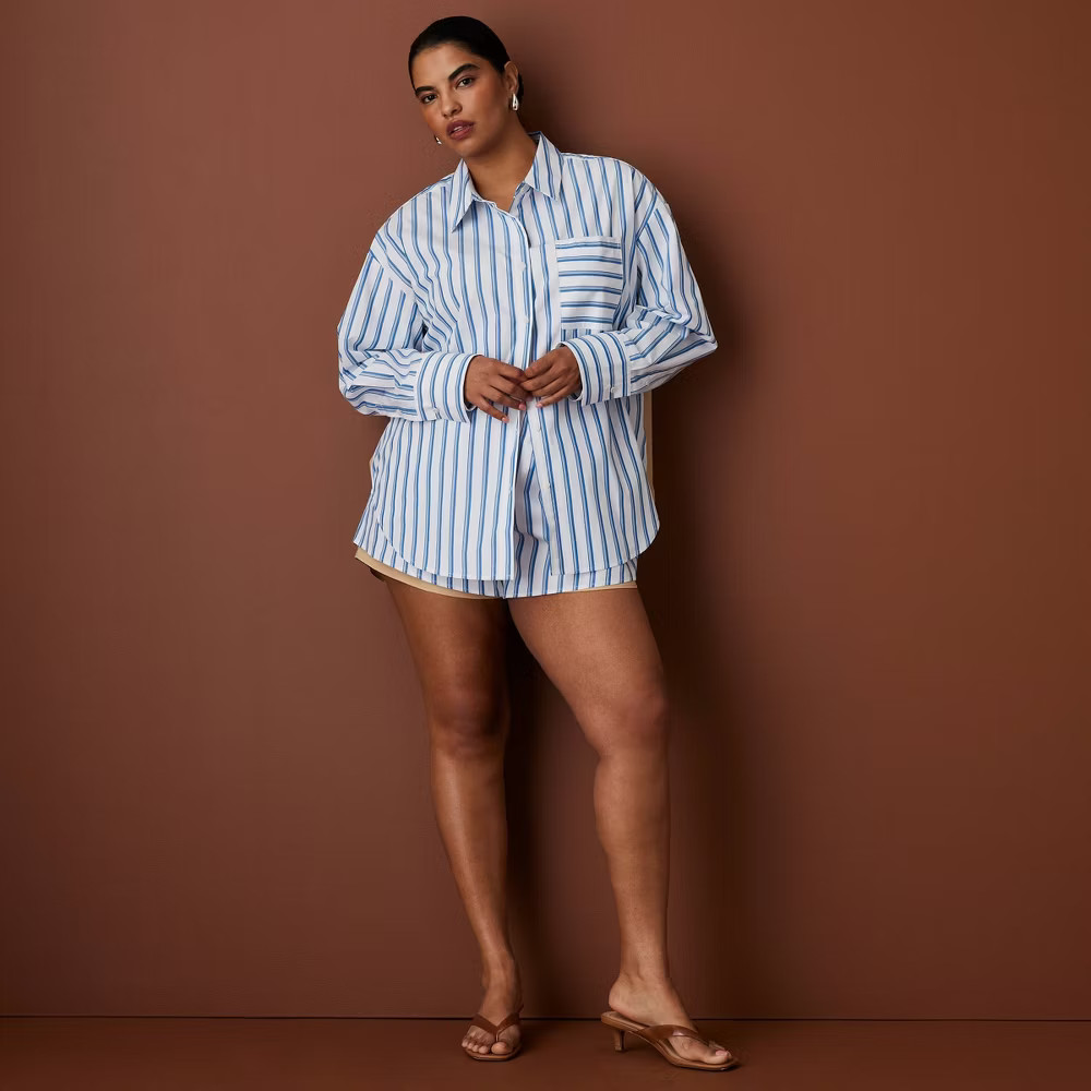 Women Long Sleeve Oversized Poplin Button-Down Striped Shirt – Rosie