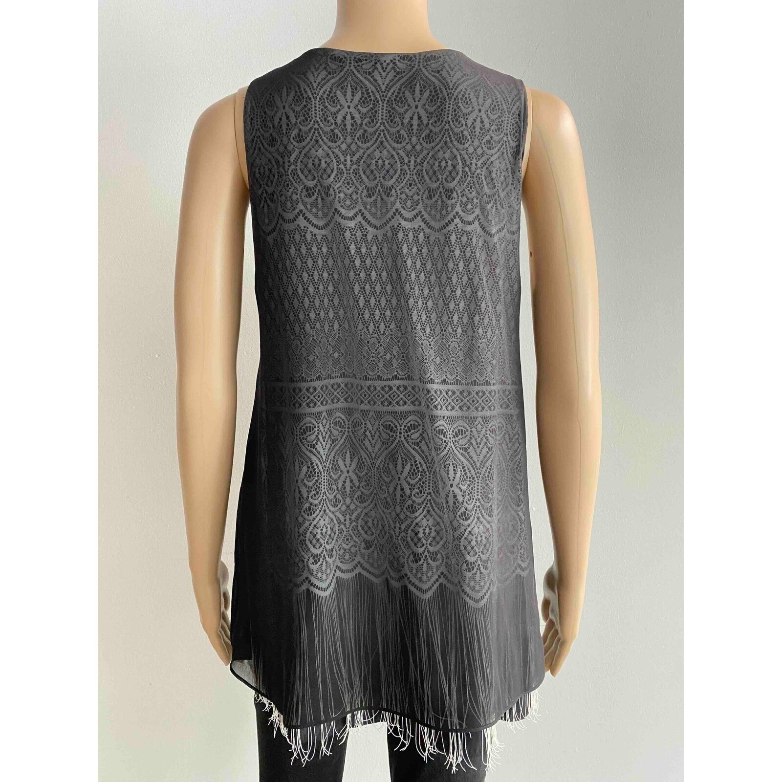 Lola & Sophie 100% Silk Fringe Hem Top Small Lace Print Gothic Romantic