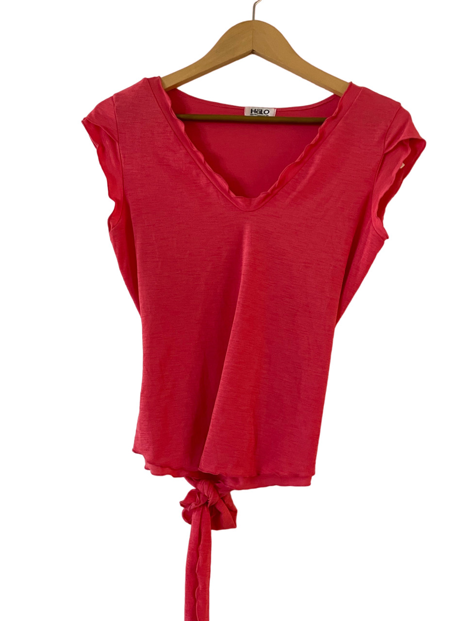 Halo by Heart Soul Tie-Back Top Sz L Orange V-Neck Cap Sleeve Lettuce Edge Y2K